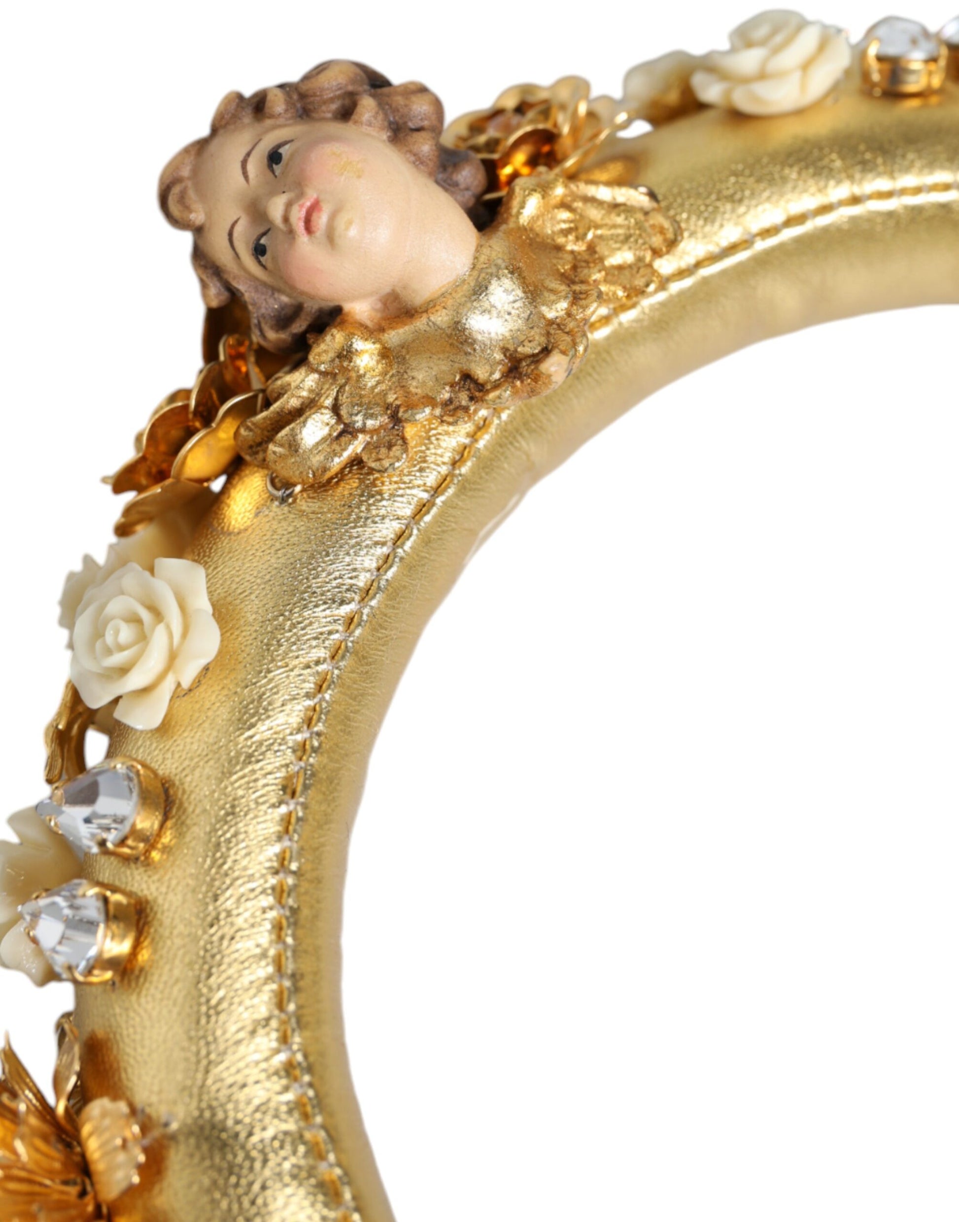 Dolce & Gabbana Gold Leather Floral Crystal Angel Headset Headphones Curated Luxury Accessories by Orvyn