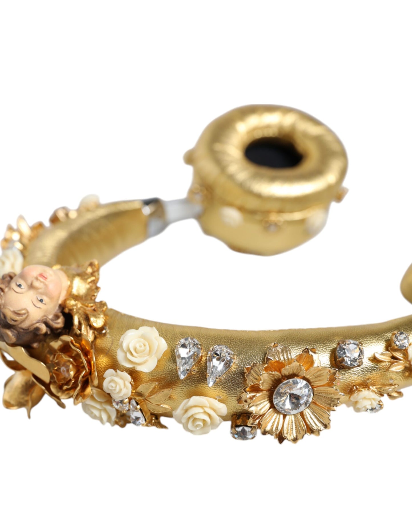 Dolce & Gabbana Gold Leather Floral Crystal Angel Headset Headphones Curated Luxury Accessories by Orvyn