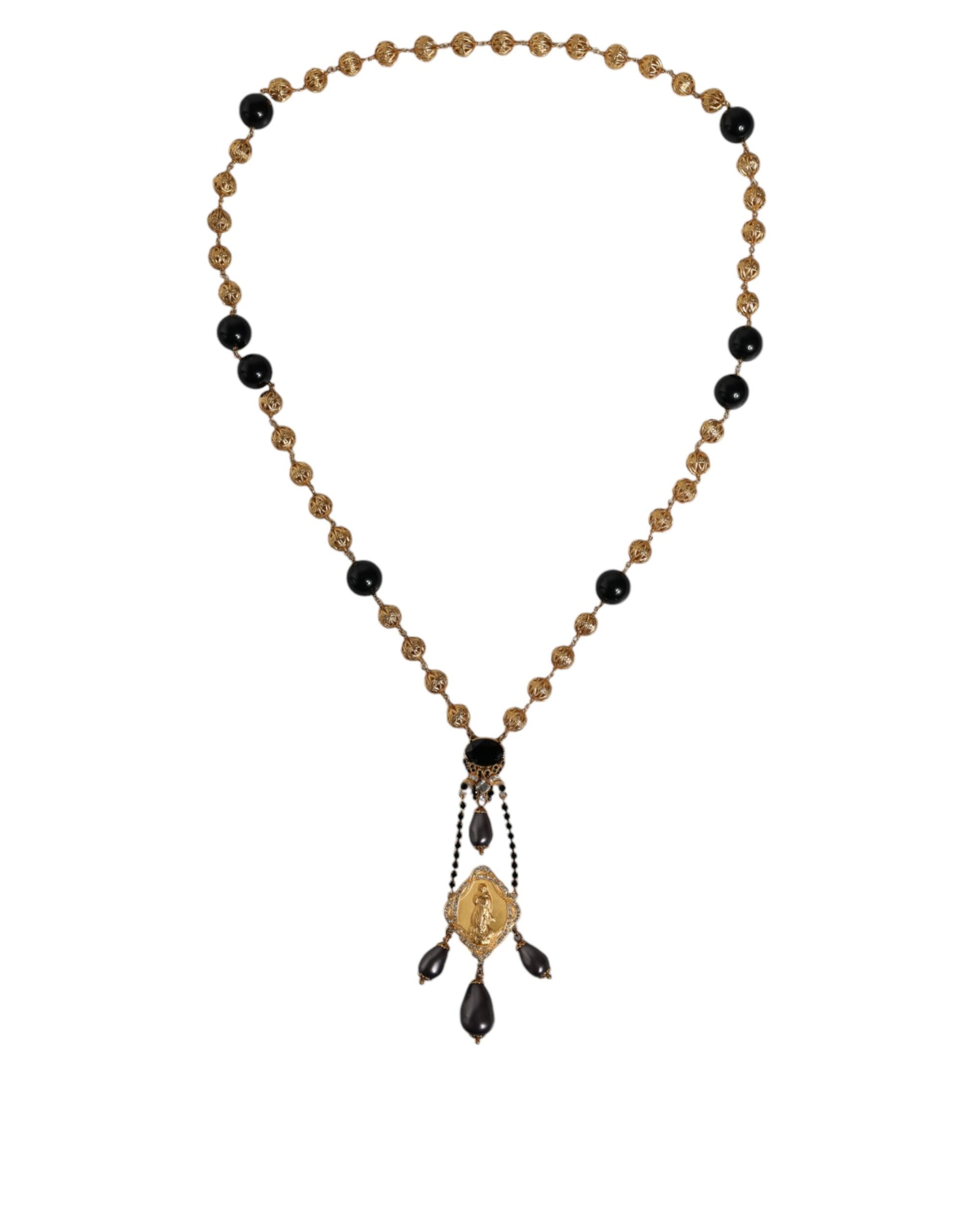 Dolce & Gabbana Gold Chain Brass Black Beaded Rosary Style Necklace Curated Luxury Accessories by Orvyn