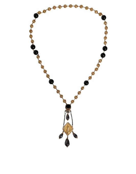 Dolce & Gabbana Gold Chain Brass Black Beaded Rosary Style Necklace Curated Luxury Accessories by Orvyn