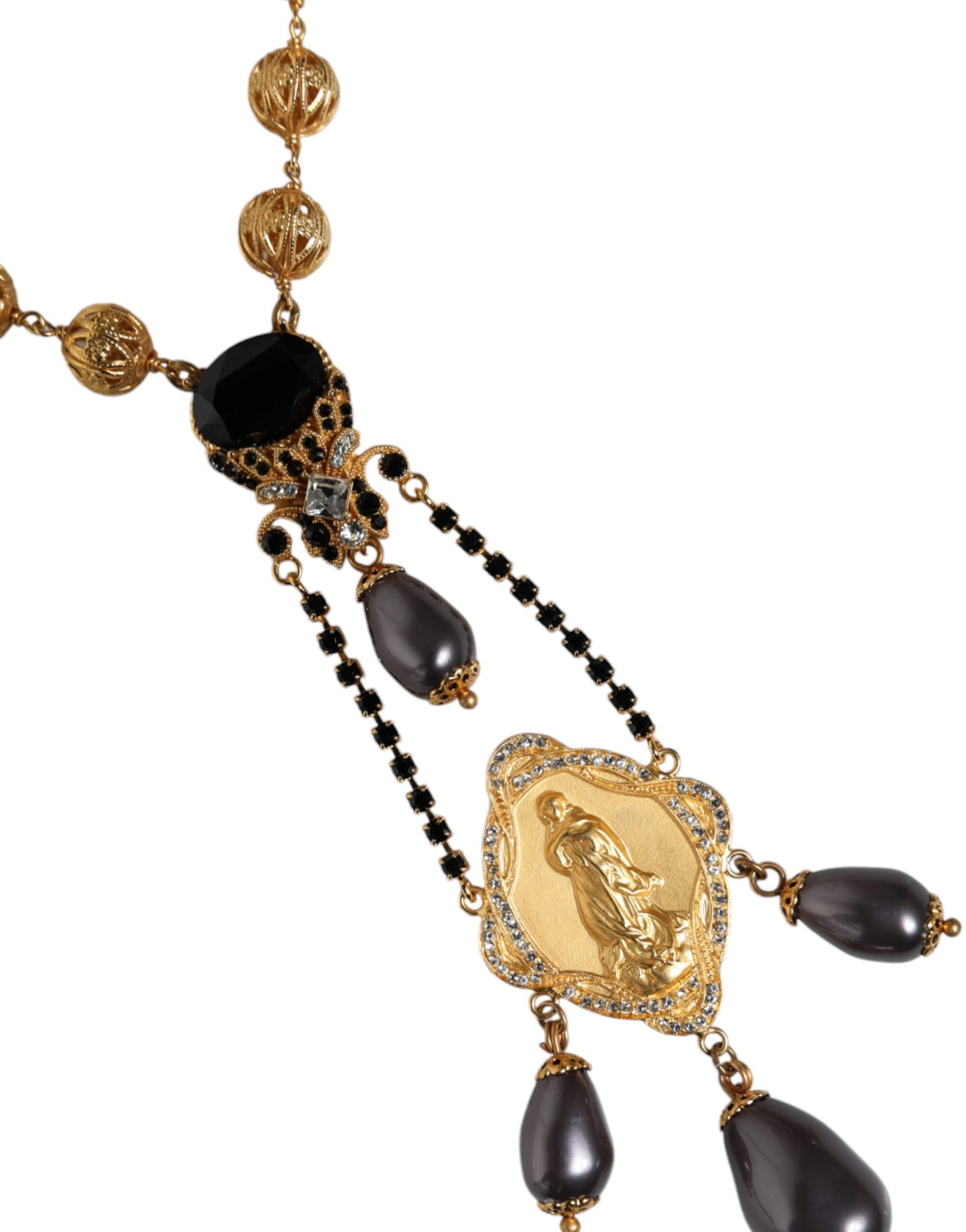 Dolce & Gabbana Gold Chain Brass Black Beaded Rosary Style Necklace Curated Luxury Accessories by Orvyn
