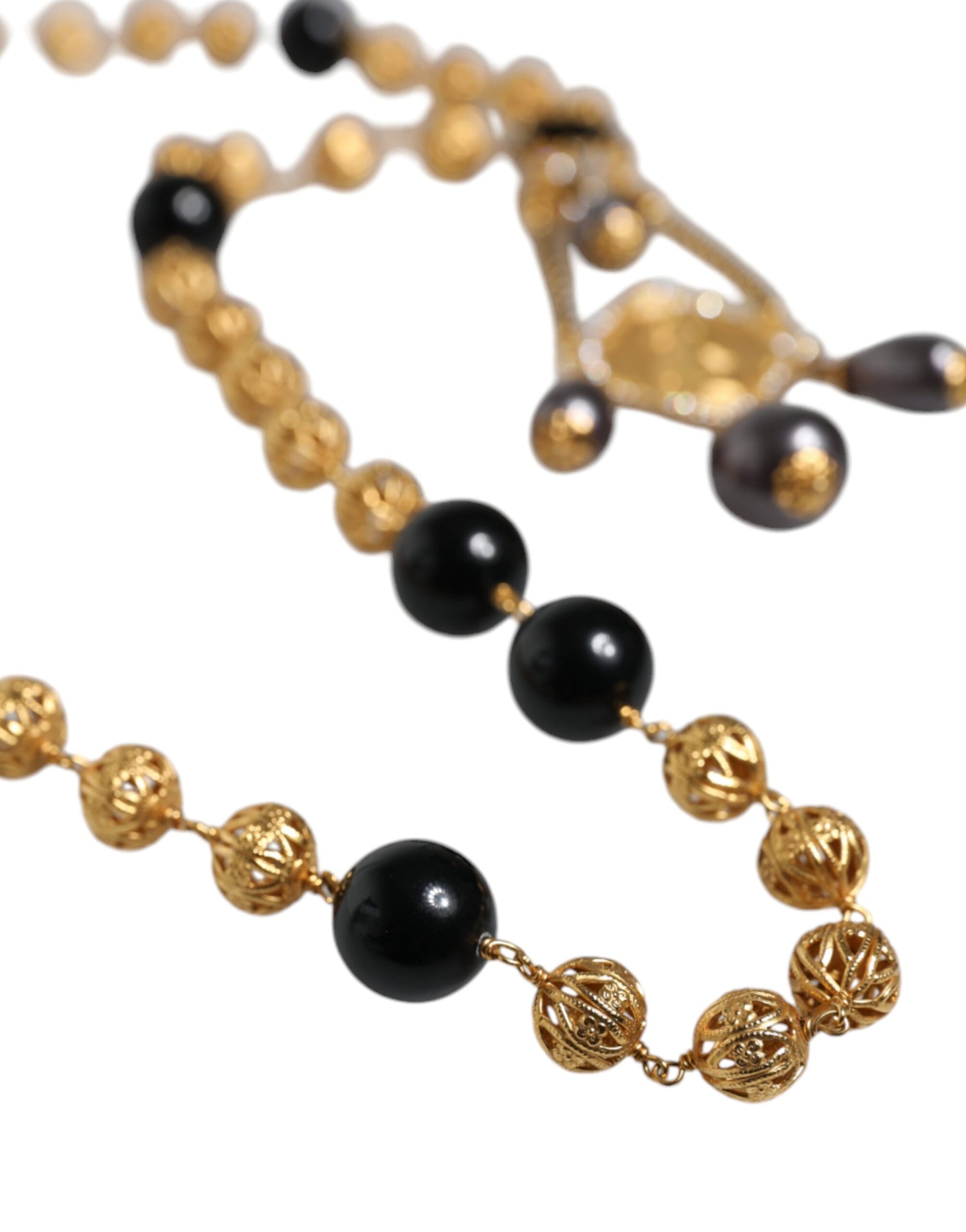 Dolce & Gabbana Gold Chain Brass Black Beaded Rosary Style Necklace Curated Luxury Accessories by Orvyn