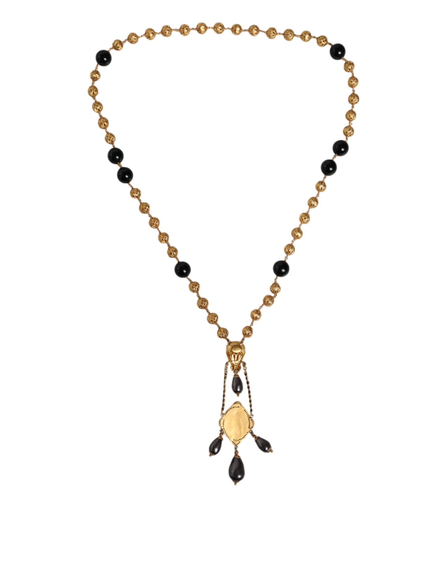 Dolce & Gabbana Gold Chain Brass Black Beaded Rosary Style Necklace Curated Luxury Accessories by Orvyn