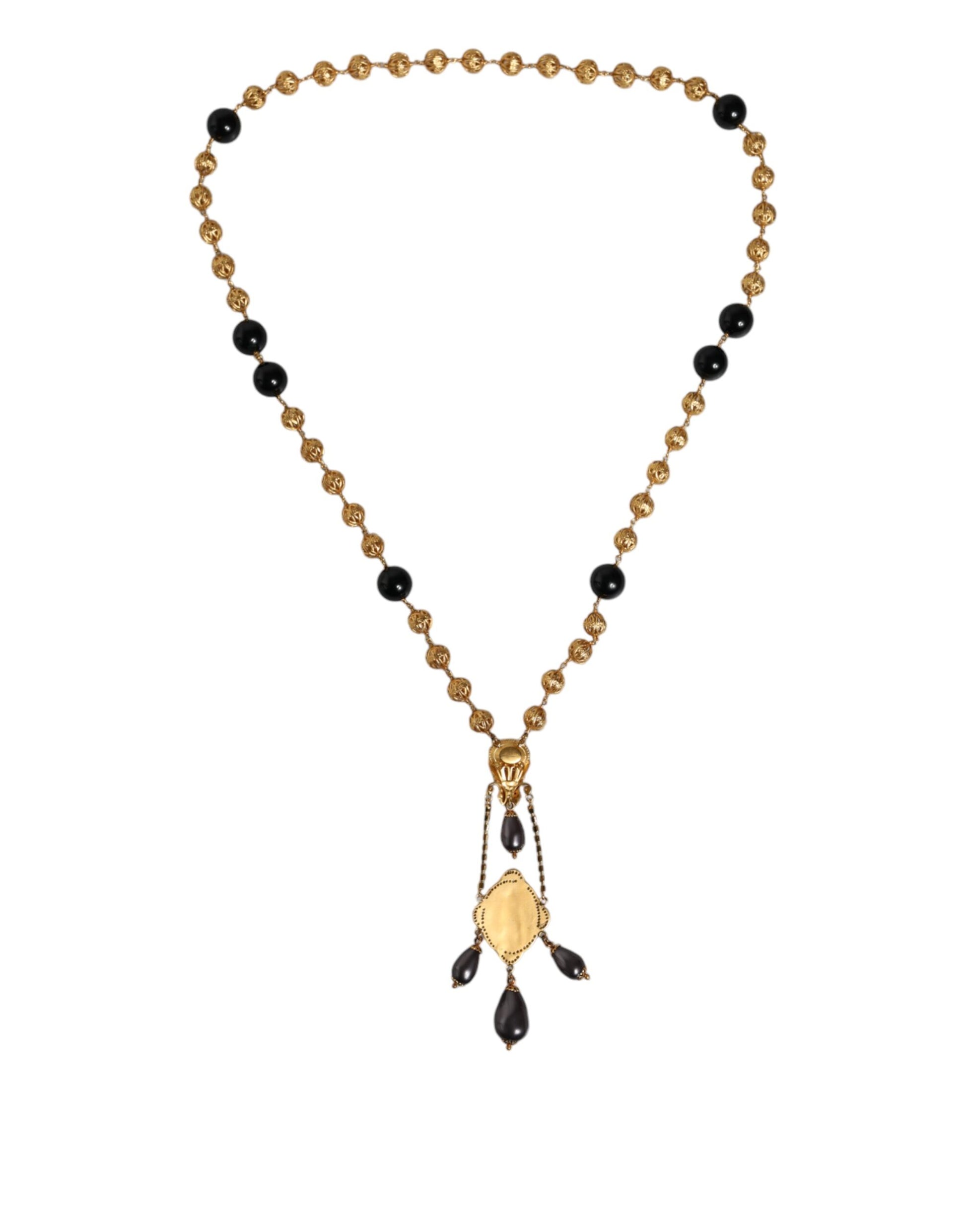 Dolce & Gabbana Gold Chain Brass Black Beaded Rosary Style Necklace Curated Luxury Accessories by Orvyn