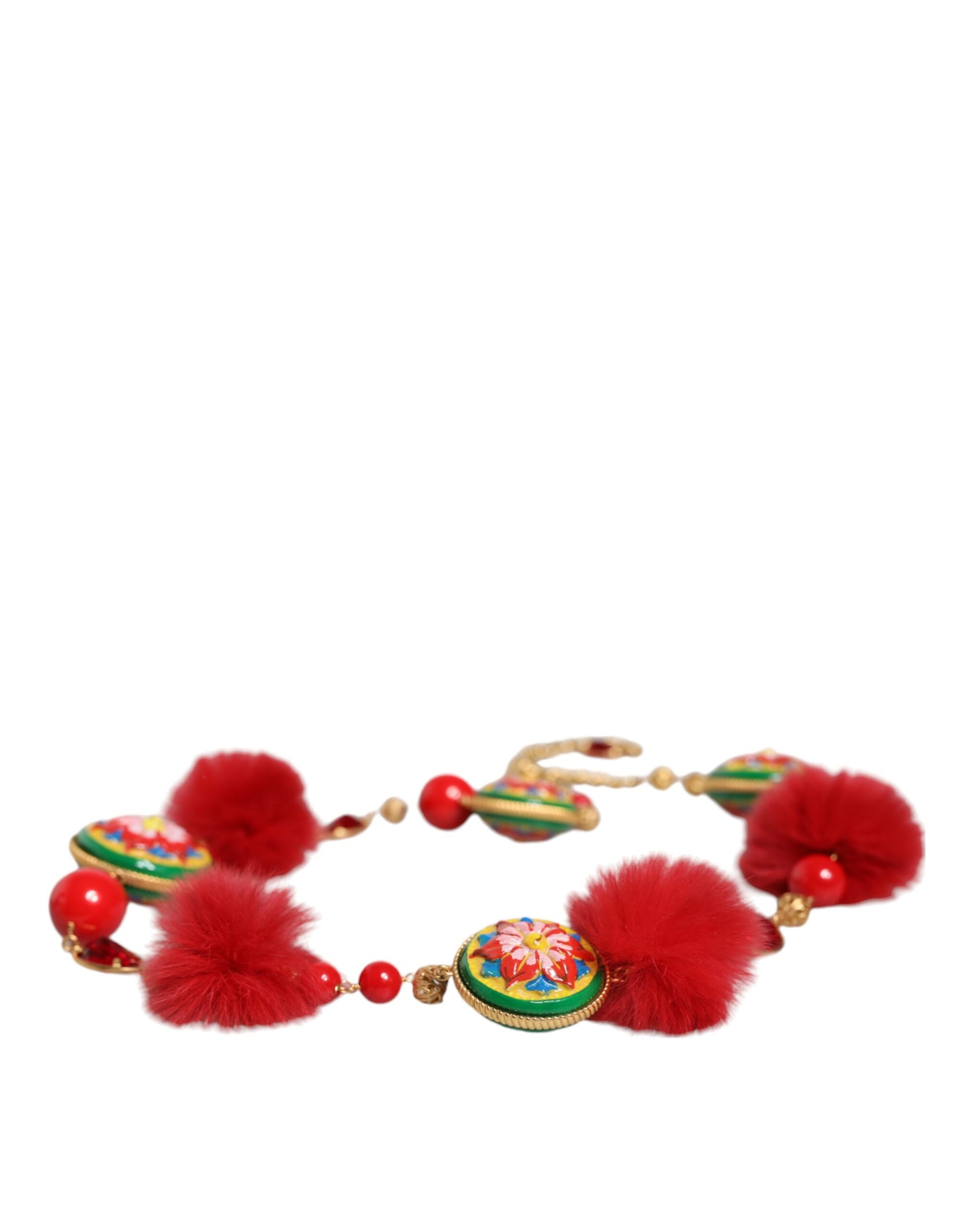 Dolce & Gabbana Gold Brass Red Fur Crystal Waist Torero Belt Curated Luxury Accessories by Orvyn