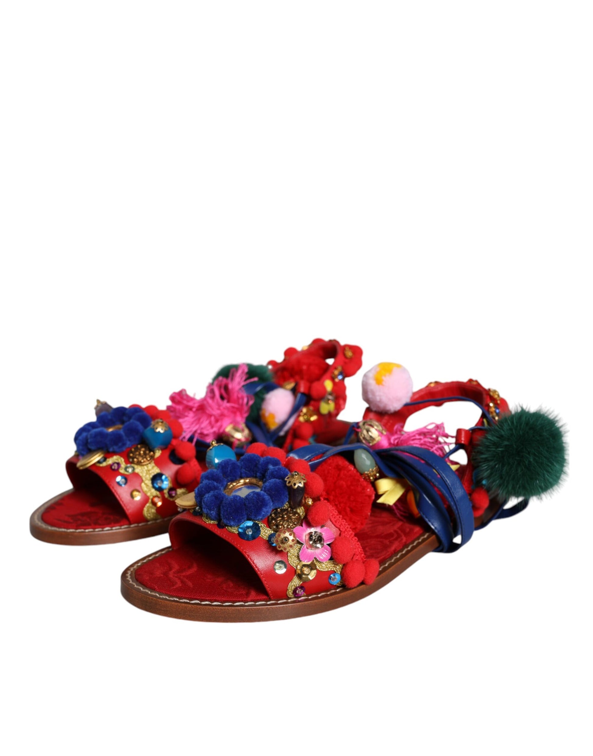 Dolce & Gabbana Multicolor Pom Pom Fur Wrap Sandals Shoes Curated Luxury Accessories by Orvyn