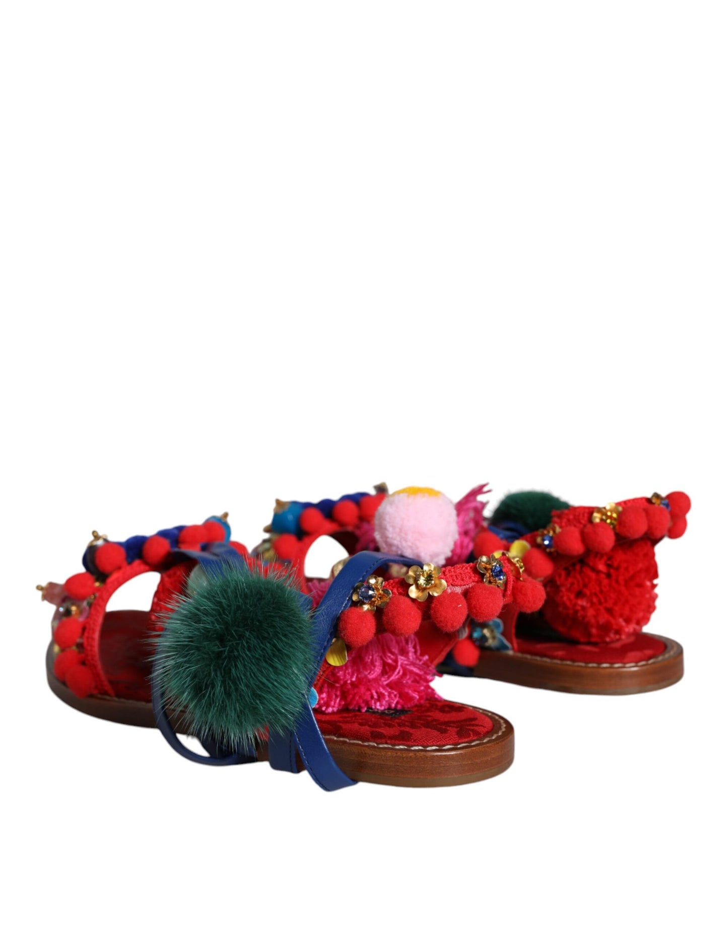 Dolce & Gabbana Multicolor Pom Pom Fur Wrap Sandals Shoes Curated Luxury Accessories by Orvyn