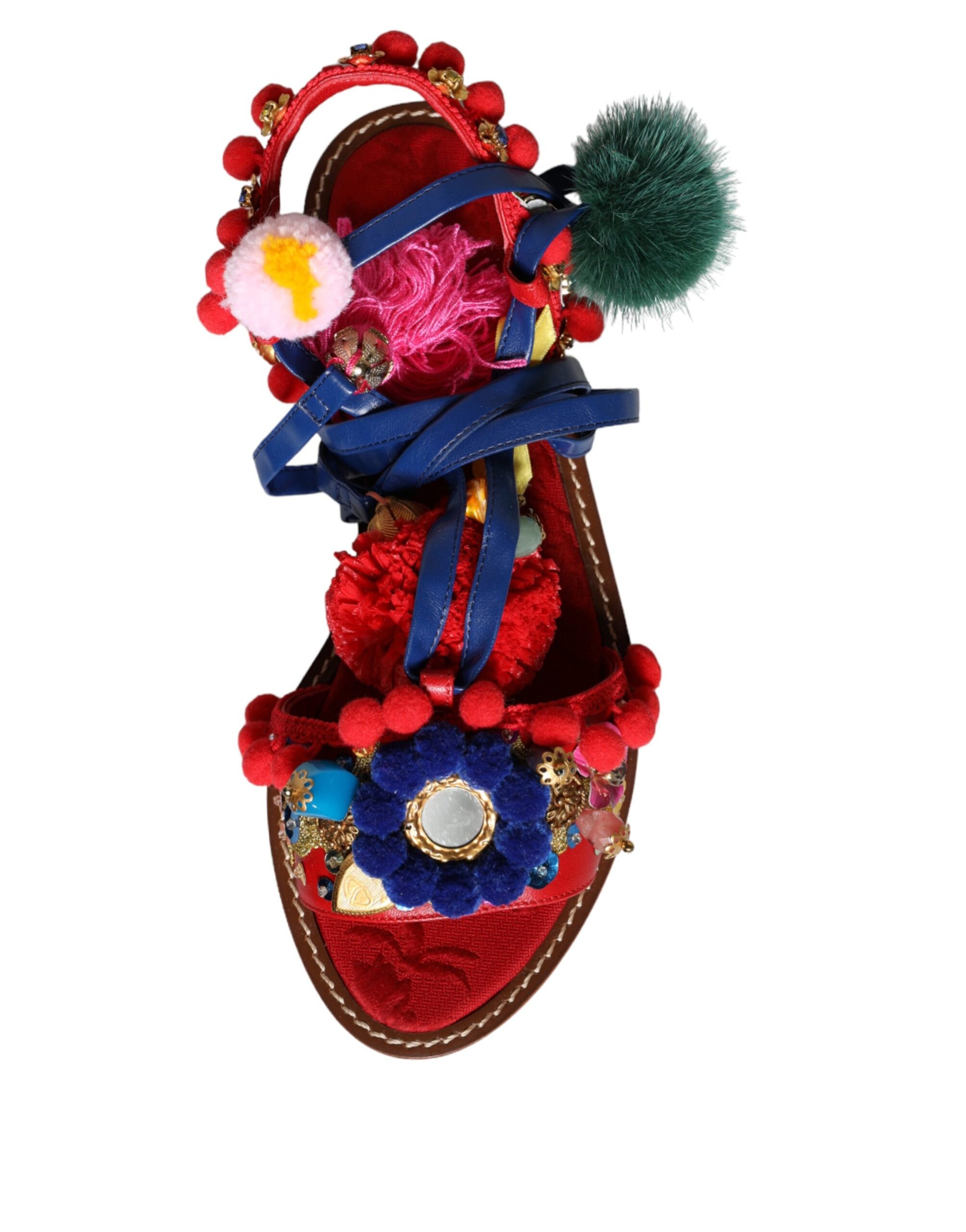Dolce & Gabbana Multicolor Pom Pom Fur Wrap Sandals Shoes Curated Luxury Accessories by Orvyn