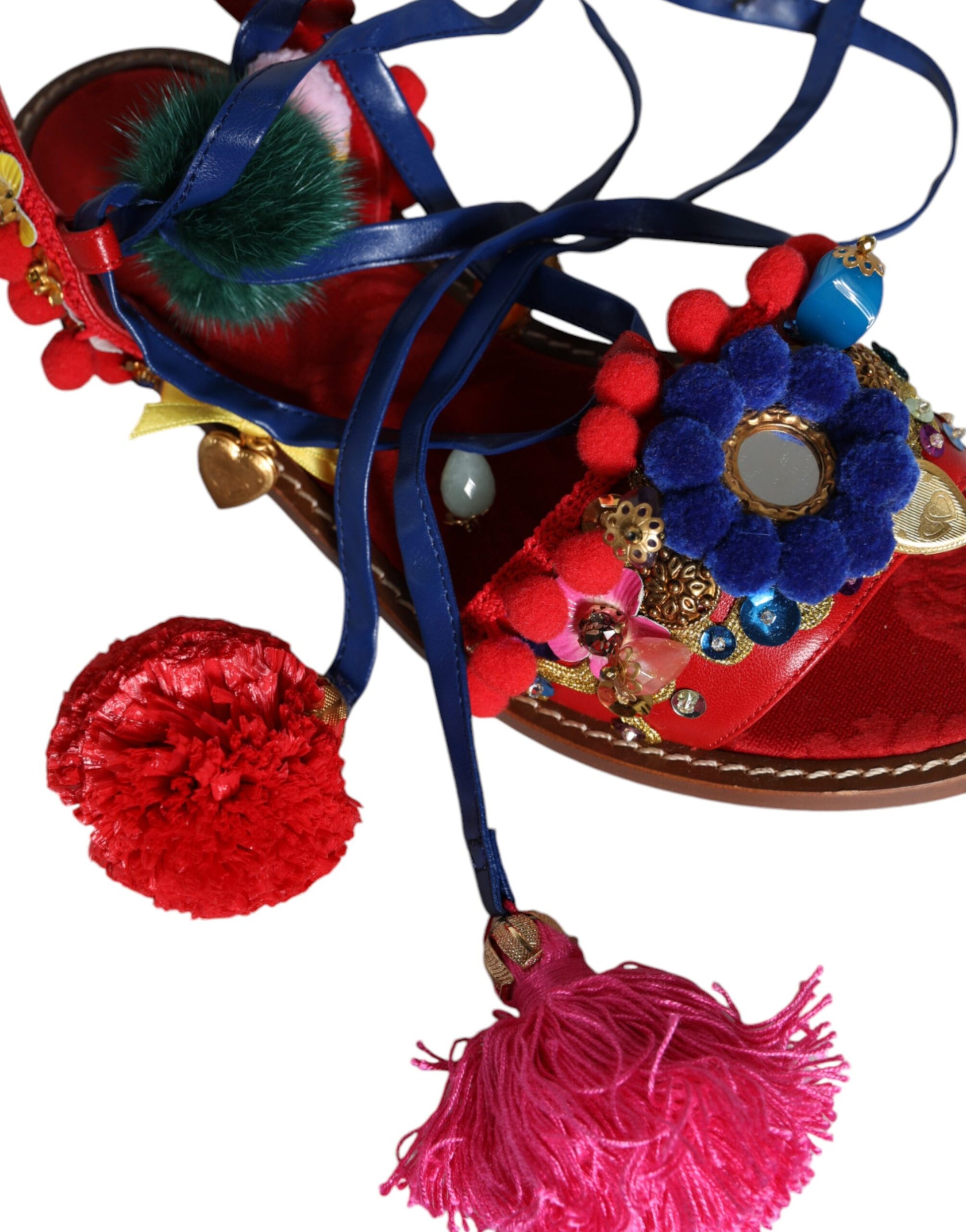 Dolce & Gabbana Multicolor Pom Pom Fur Wrap Sandals Shoes Curated Luxury Accessories by Orvyn