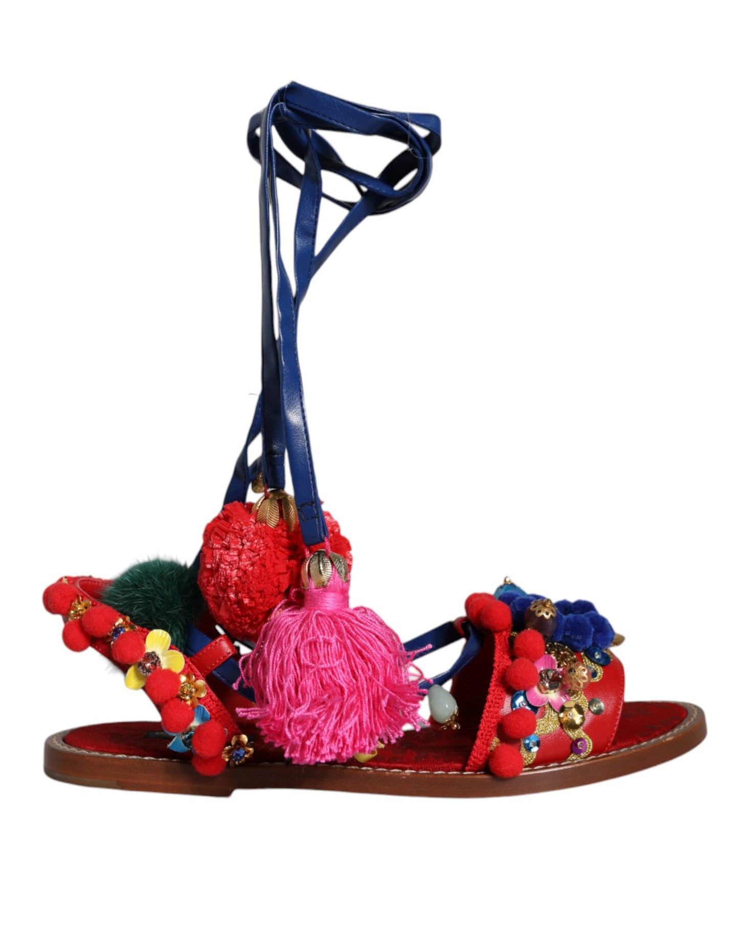 Dolce & Gabbana Multicolor Pom Pom Fur Wrap Sandals Shoes Curated Luxury Accessories by Orvyn