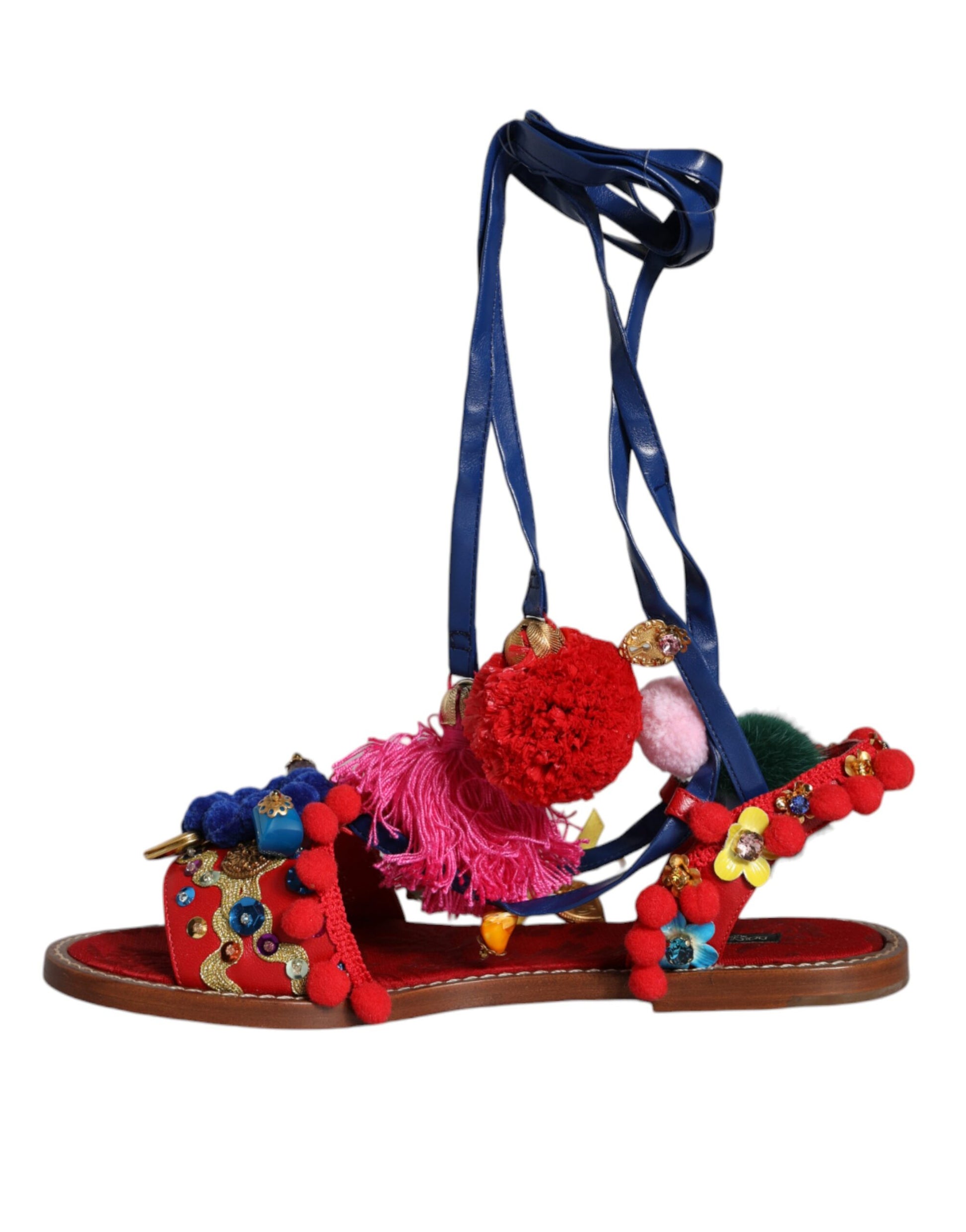 Dolce & Gabbana Multicolor Pom Pom Fur Wrap Sandals Shoes Curated Luxury Accessories by Orvyn