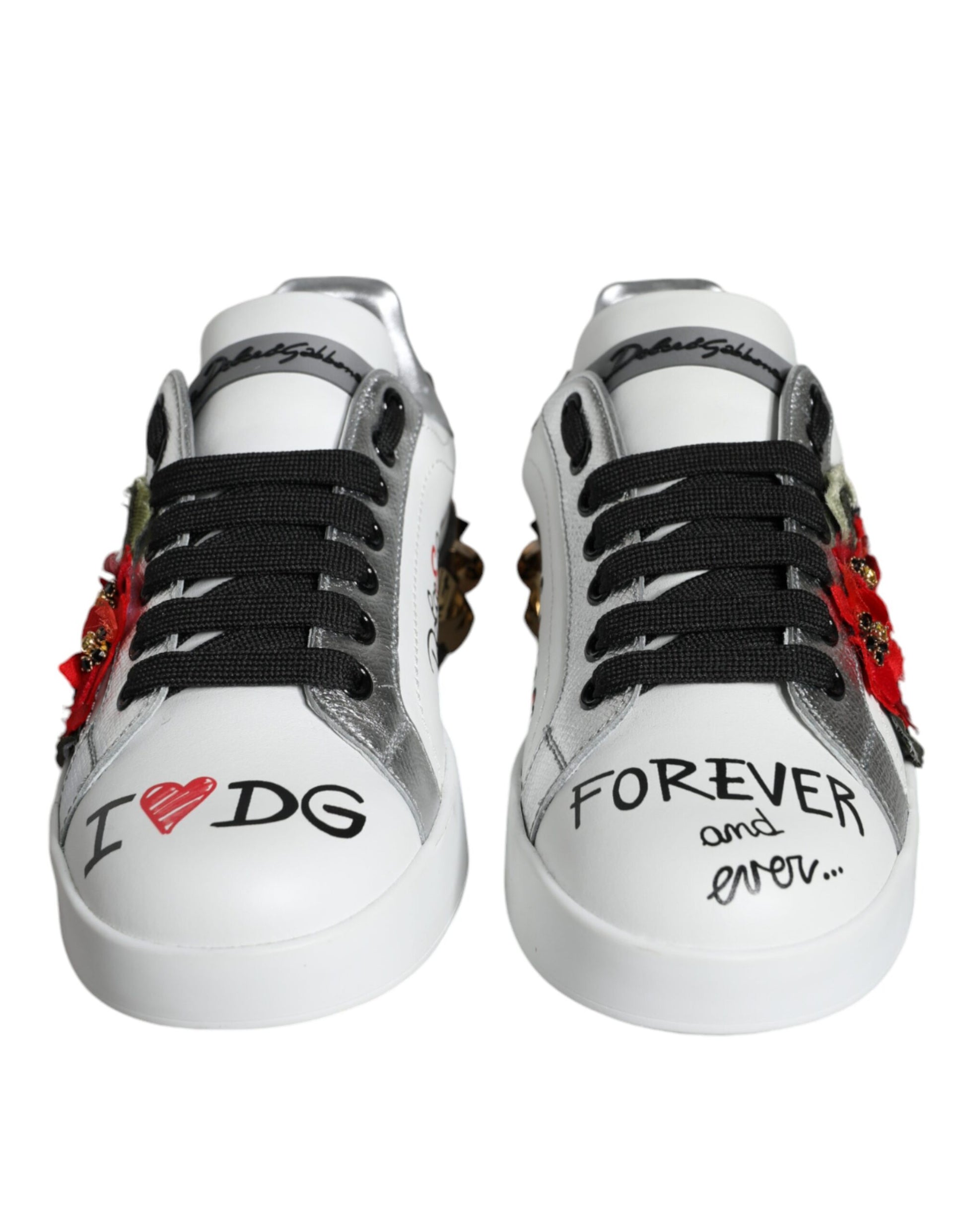 Dolce & Gabbana White Leather Floral Studded Sneakers Shoes Curated Luxury Accessories by Orvyn