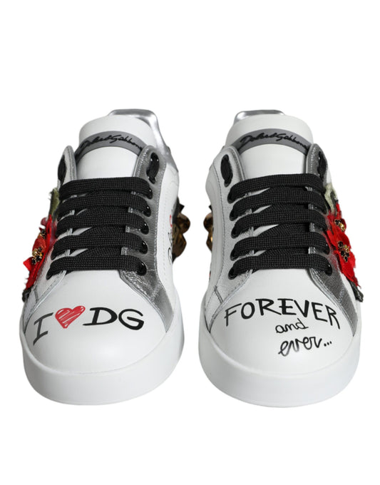 Dolce & Gabbana White Leather Floral Studded Sneakers Shoes Curated Luxury Accessories by Orvyn