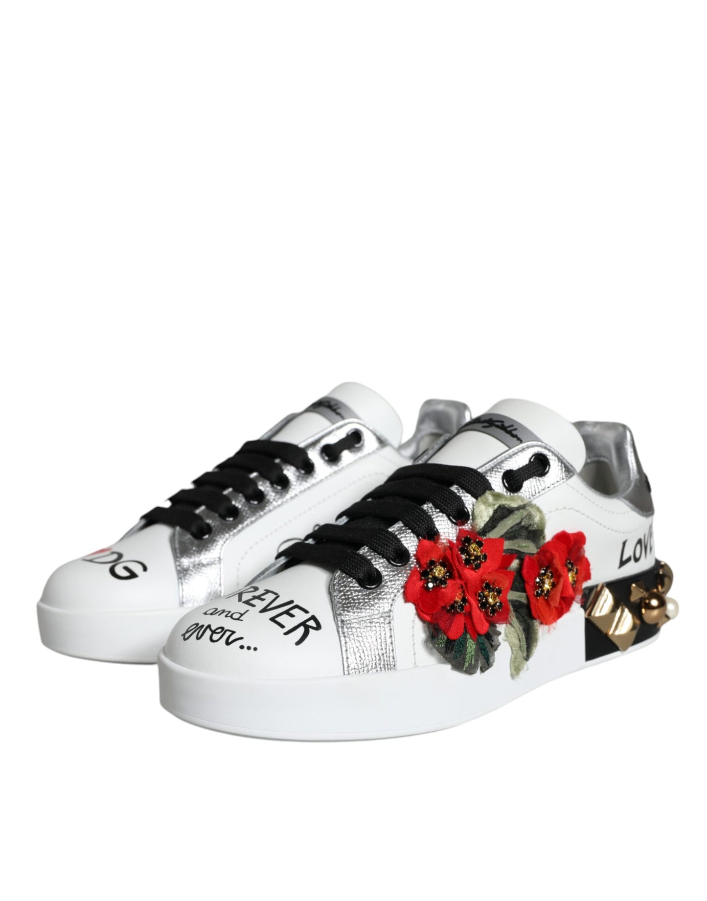 Dolce & Gabbana White Leather Floral Studded Sneakers Shoes Curated Luxury Accessories by Orvyn