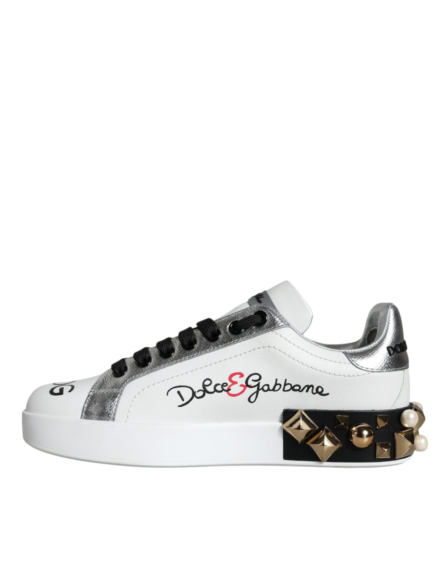 Dolce & Gabbana White Leather Floral Studded Sneakers Shoes Curated Luxury Accessories by Orvyn