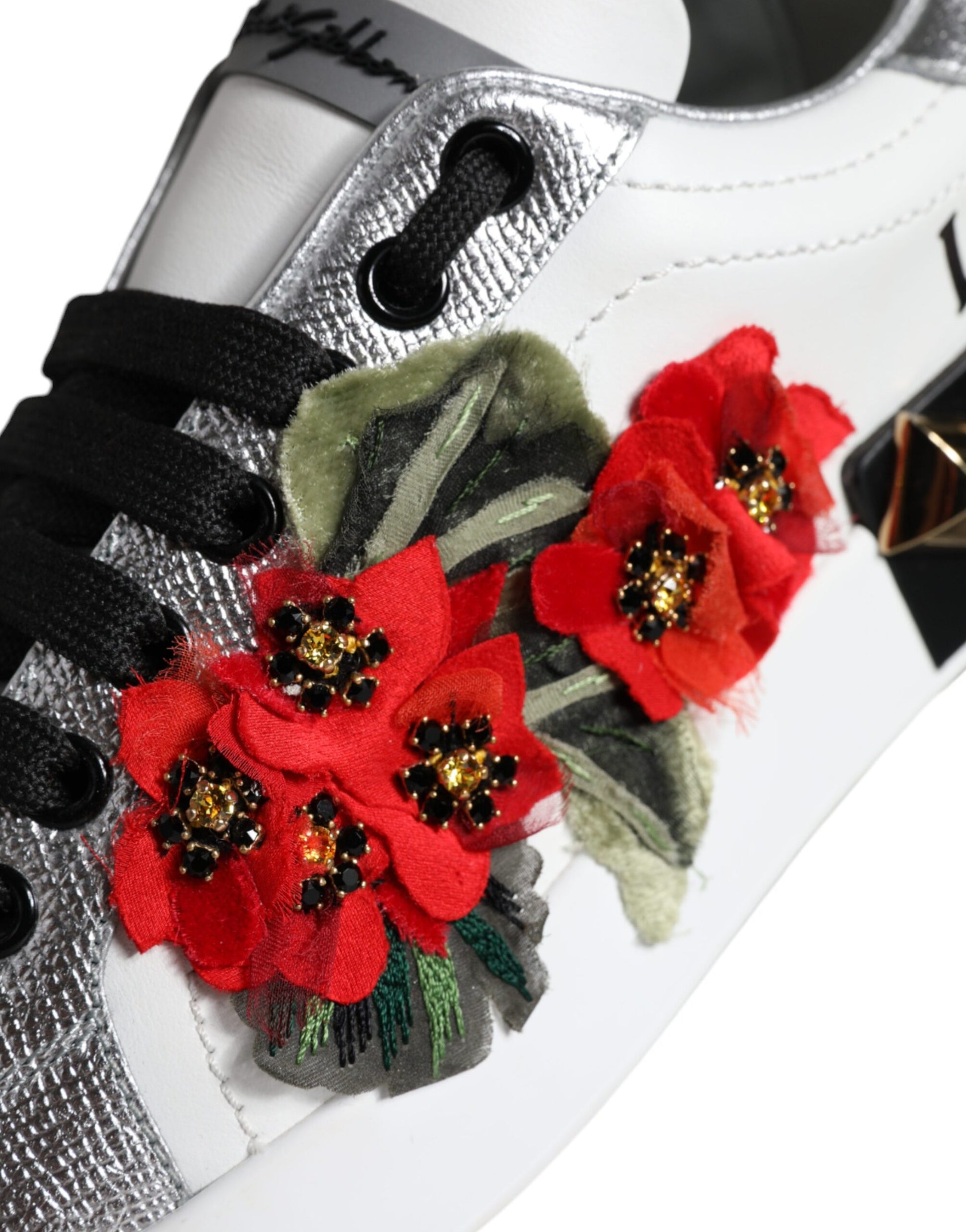 Dolce & Gabbana White Leather Floral Studded Sneakers Shoes Curated Luxury Accessories by Orvyn
