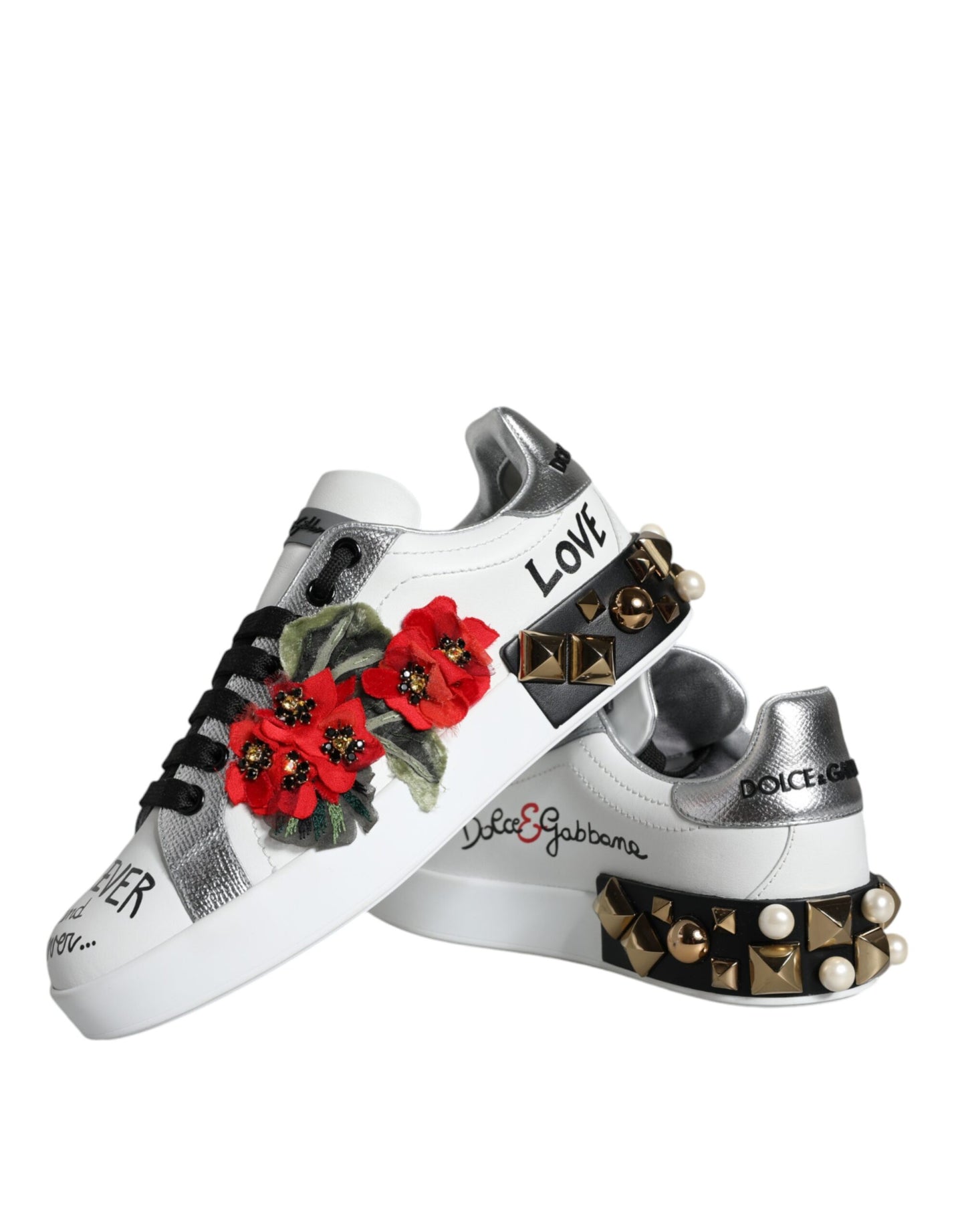 Dolce & Gabbana White Leather Floral Studded Sneakers Shoes Curated Luxury Accessories by Orvyn