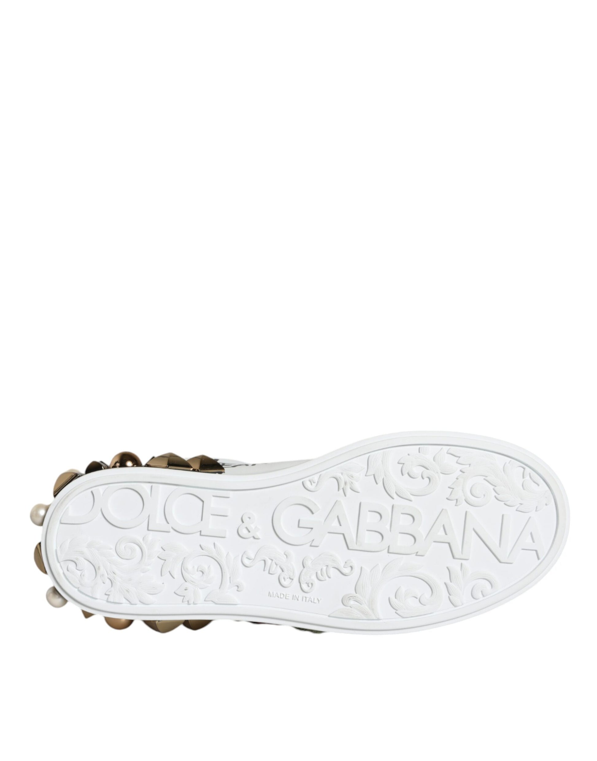 Dolce & Gabbana White Leather Floral Studded Sneakers Shoes Curated Luxury Accessories by Orvyn