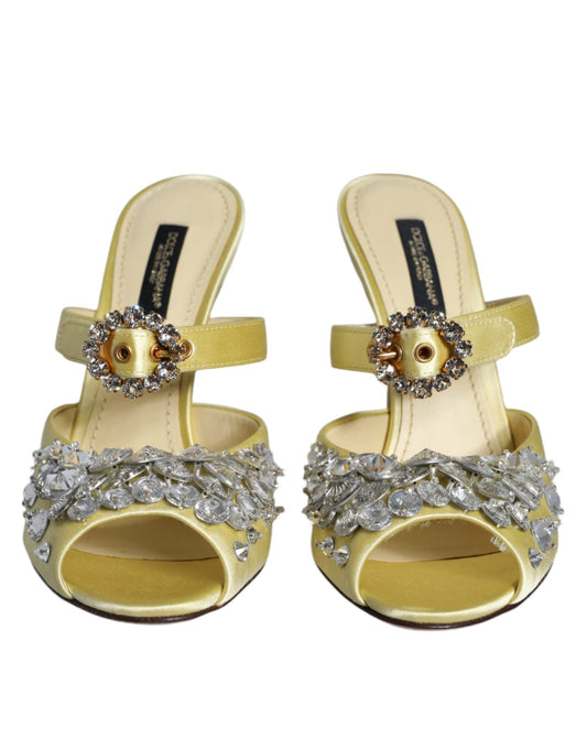 Dolce & Gabbana Yellow Mary Janes Satin Crystal Sandals Shoes Curated Luxury Accessories by Orvyn