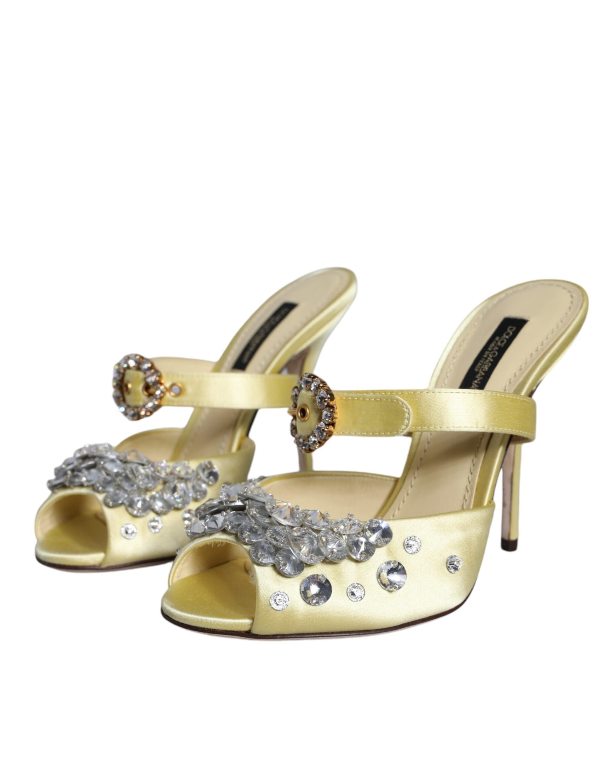 Dolce & Gabbana Yellow Mary Janes Satin Crystal Sandals Shoes Curated Luxury Accessories by Orvyn