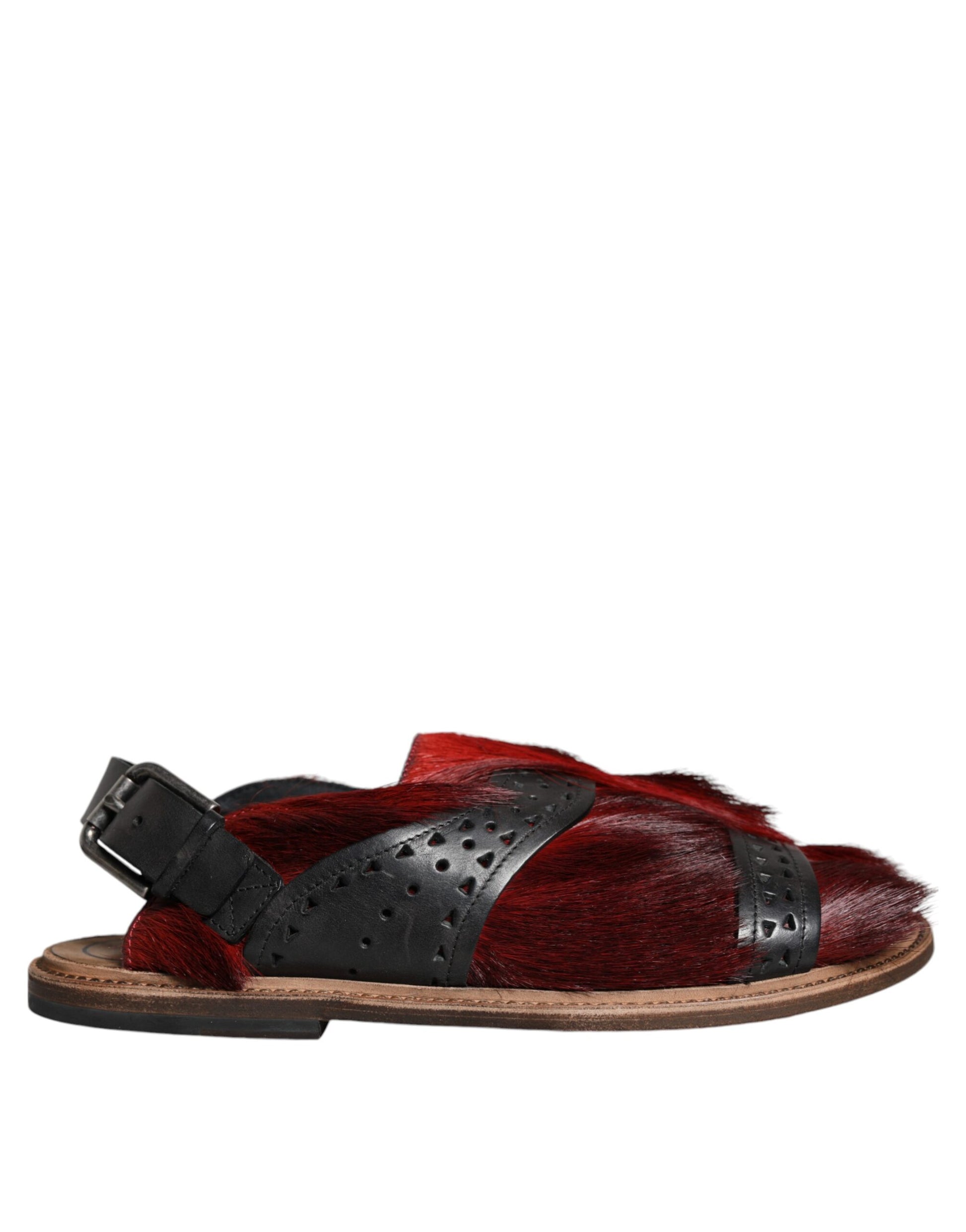 Dolce & Gabbana Black Red Gazelle Hair Leather Sandals Shoes Curated Luxury Accessories by Orvyn