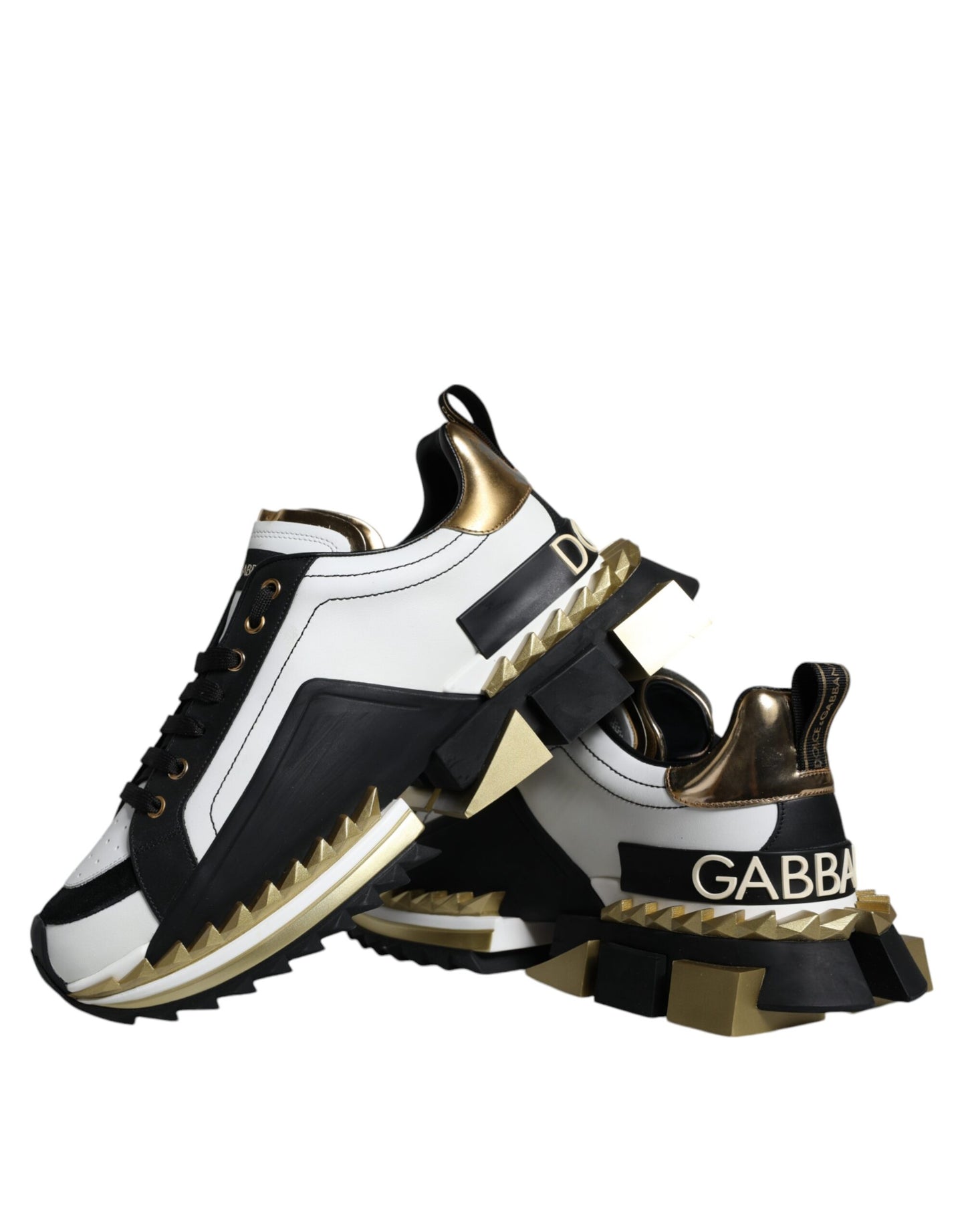 Dolce & Gabbana White Gold Black Leather SUPER KING Sneakers Shoes Curated Luxury Accessories by Orvyn