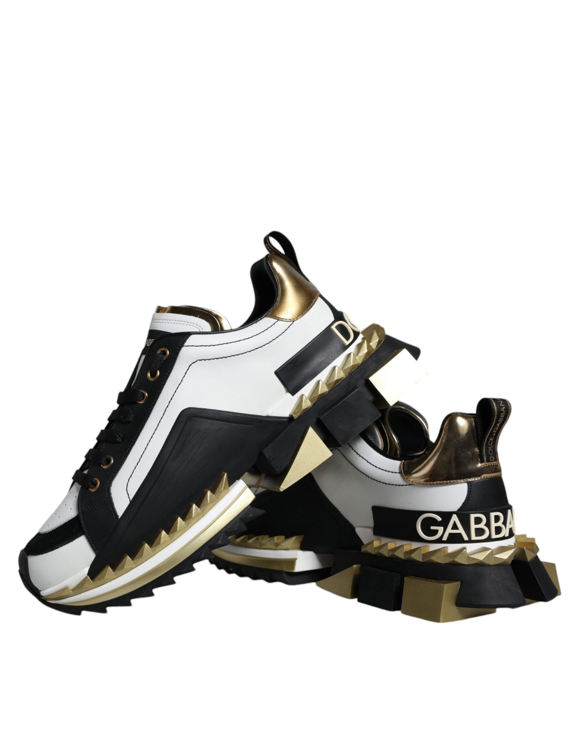 Dolce & Gabbana White Gold Black Leather SUPER KING Sneakers Shoes Curated Luxury Accessories by Orvyn