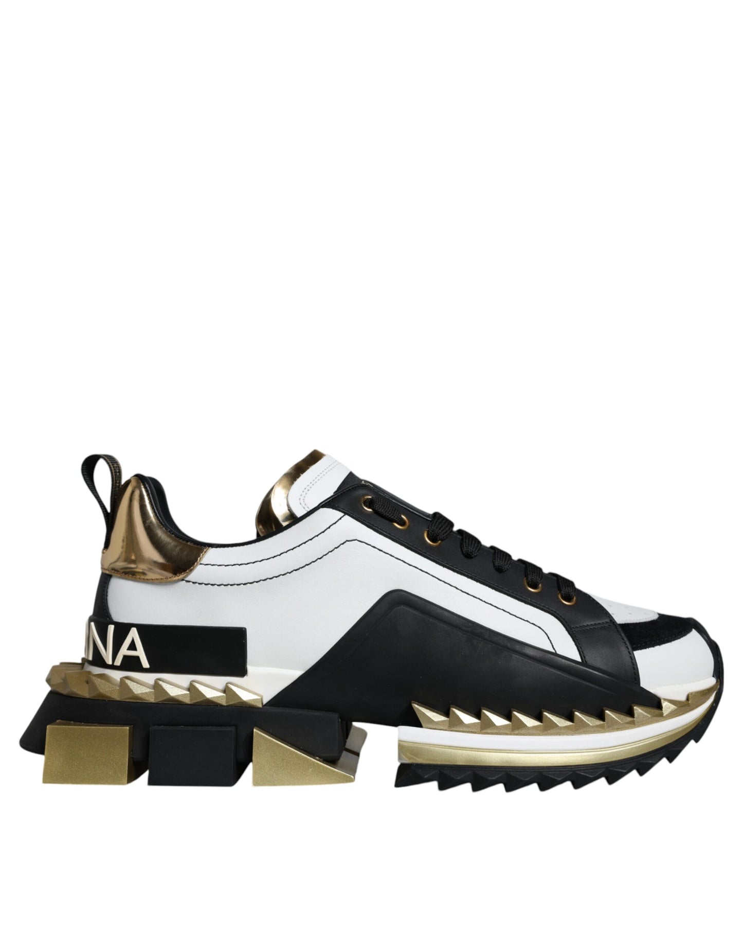 Dolce & Gabbana White Gold Black Leather SUPER KING Sneakers Shoes Curated Luxury Accessories by Orvyn