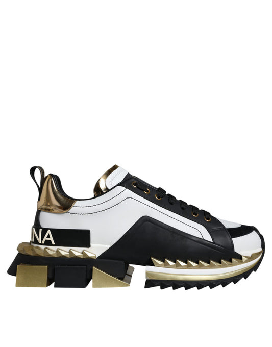 Dolce & Gabbana White Gold Black Leather SUPER KING Sneakers Shoes Curated Luxury Accessories by Orvyn