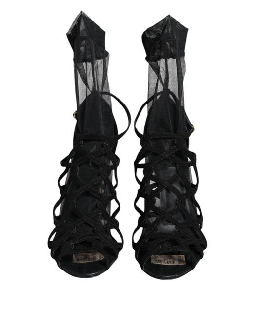 Dolce & Gabbana Black Tulle Stretch Heels Sandals Shoes Curated Luxury Accessories by Orvyn