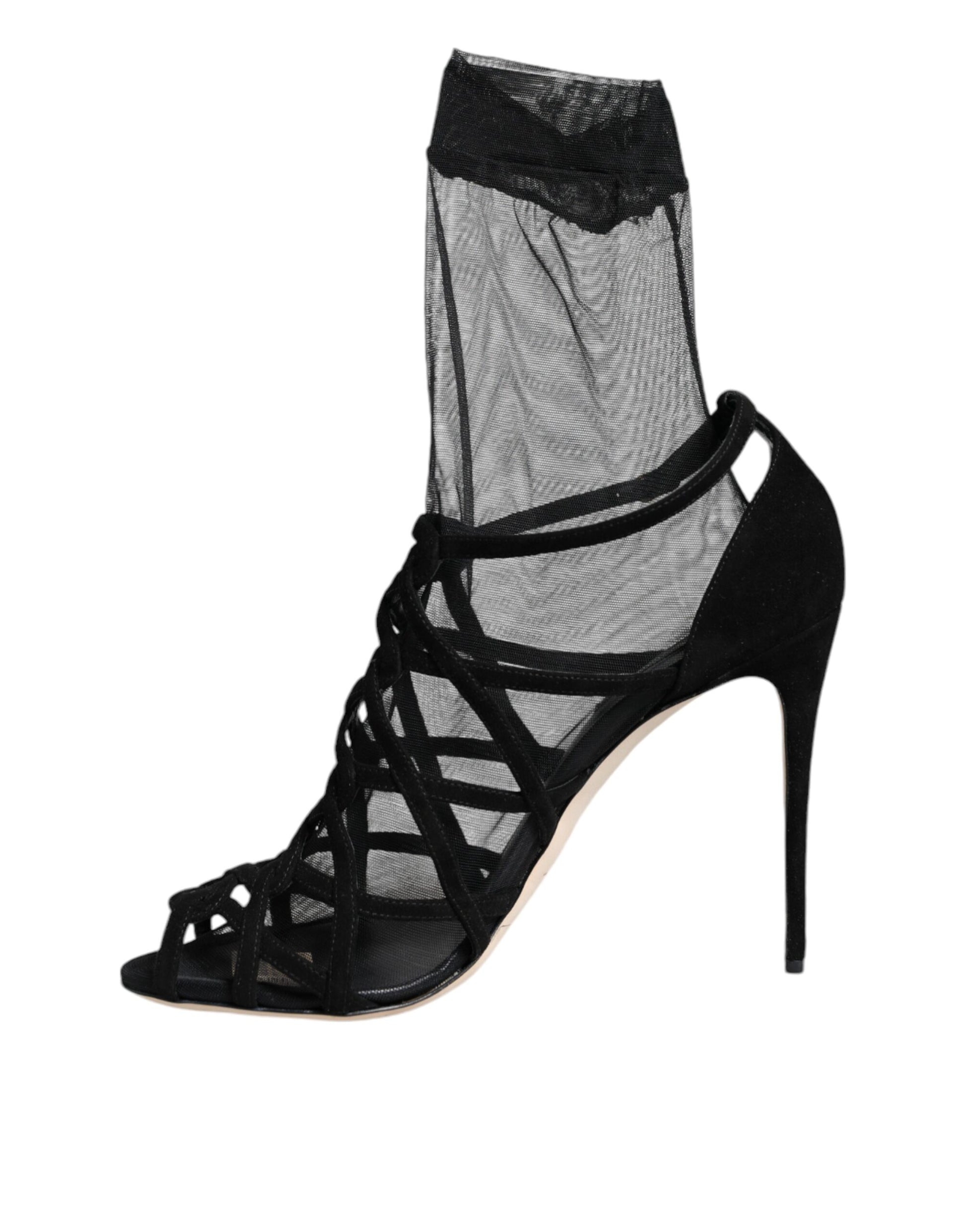 Dolce & Gabbana Black Tulle Stretch Heels Sandals Shoes Curated Luxury Accessories by Orvyn