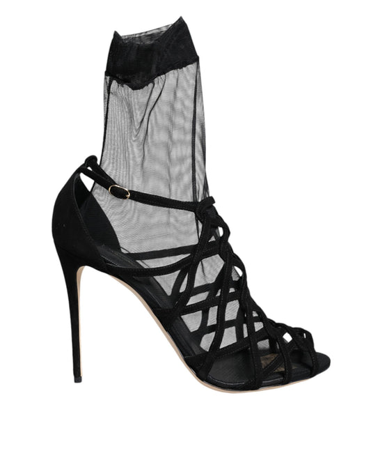 Dolce & Gabbana Black Tulle Stretch Heels Sandals Shoes Curated Luxury Accessories by Orvyn