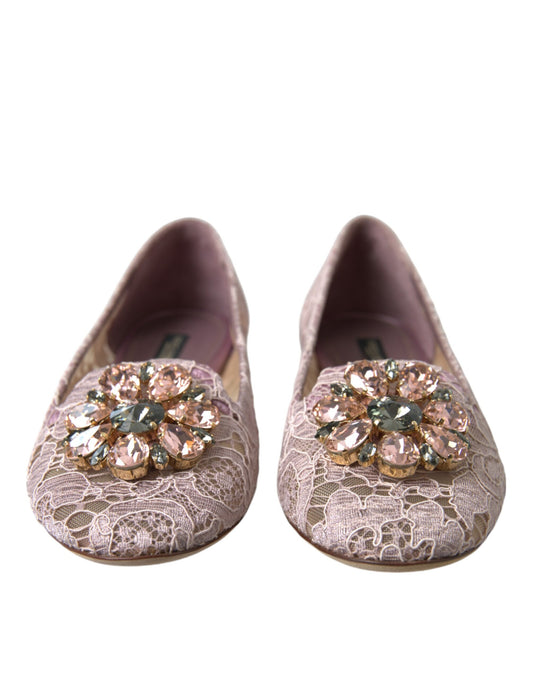 Dolce & Gabbana Pink Lace Crystal Ballet Flats Loafers Shoes Curated Luxury Accessories by Orvyn