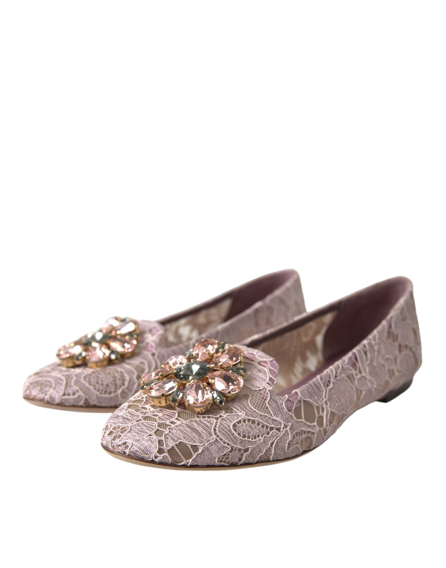Dolce & Gabbana Pink Lace Crystal Ballet Flats Loafers Shoes Curated Luxury Accessories by Orvyn