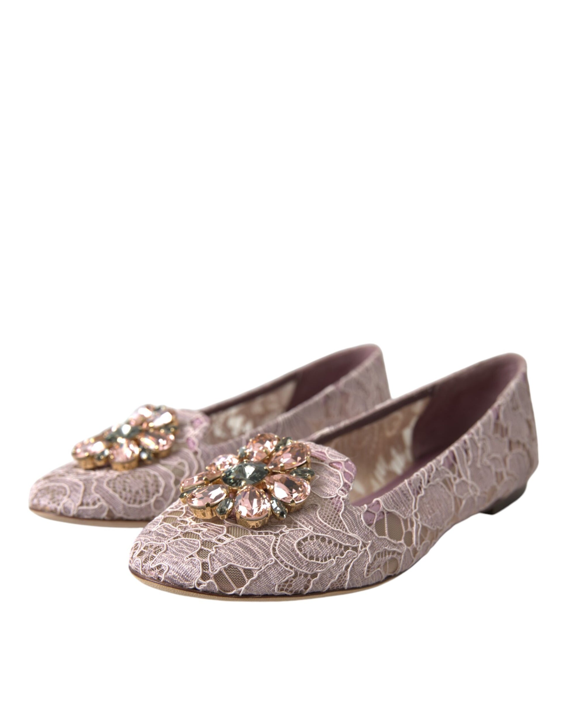 Dolce & Gabbana Pink Lace Crystal Ballet Flats Loafers Shoes Curated Luxury Accessories by Orvyn