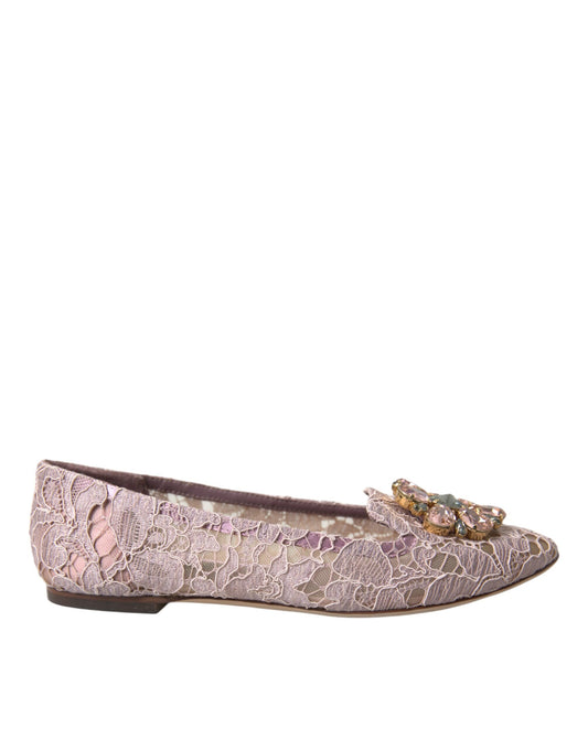 Dolce & Gabbana Pink Lace Crystal Ballet Flats Loafers Shoes Curated Luxury Accessories by Orvyn