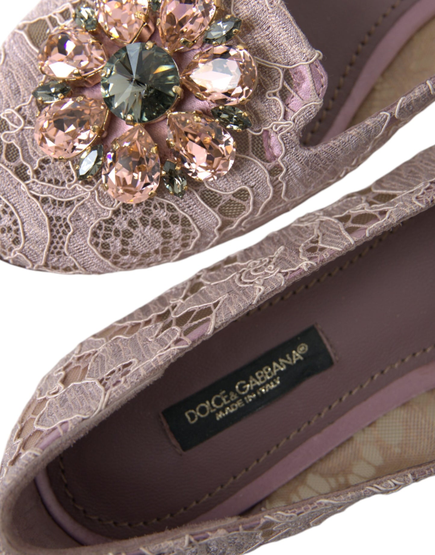 Dolce & Gabbana Pink Lace Crystal Ballet Flats Loafers Shoes Curated Luxury Accessories by Orvyn