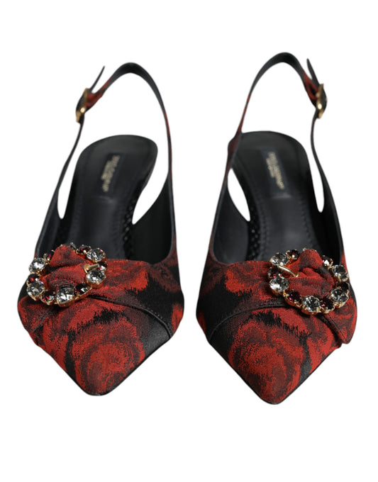 Dolce & Gabbana Black Red Floral Crystal Heel Slingback Shoes Curated Luxury Accessories by Orvyn