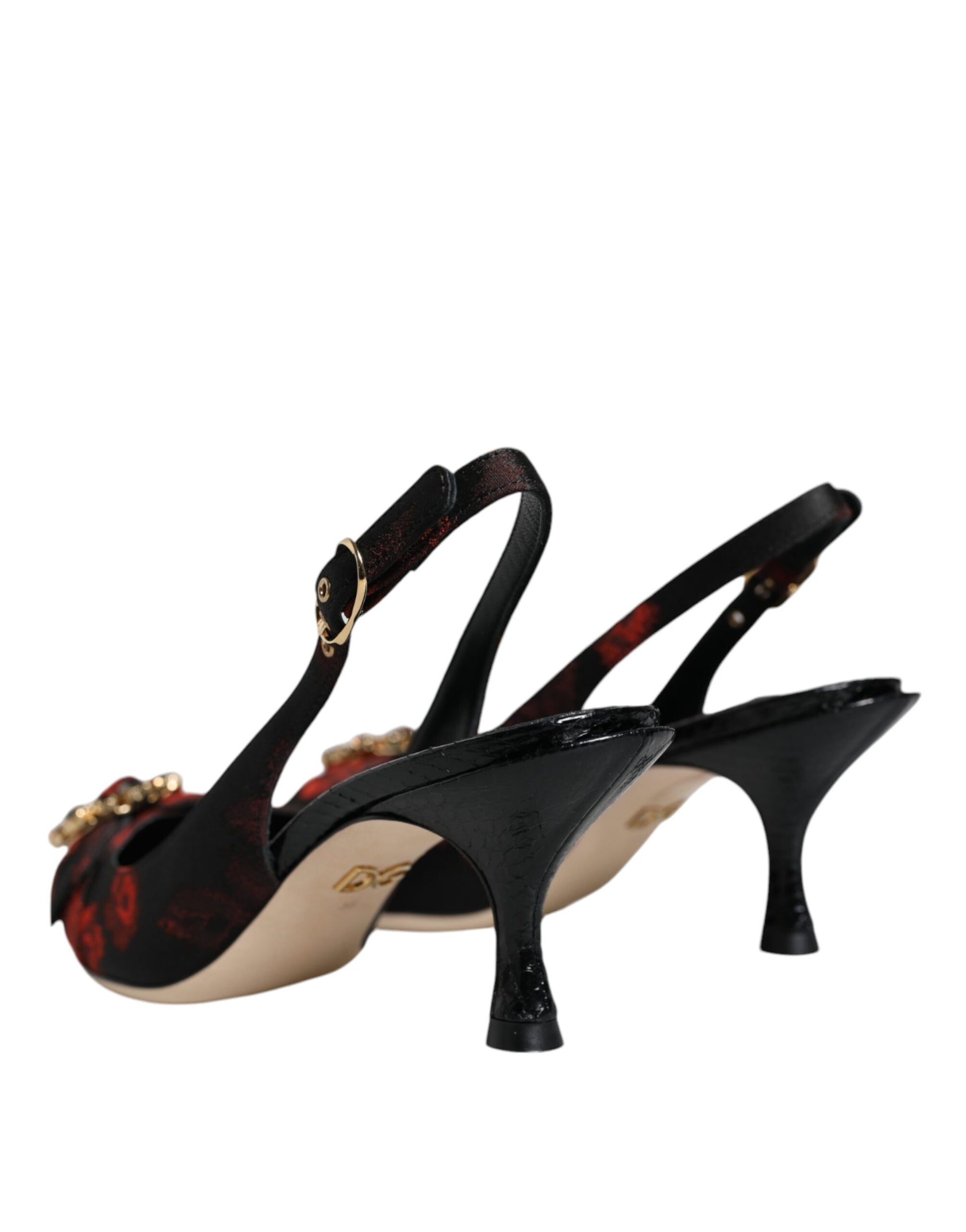 Dolce & Gabbana Black Red Floral Crystal Heel Slingback Shoes Curated Luxury Accessories by Orvyn