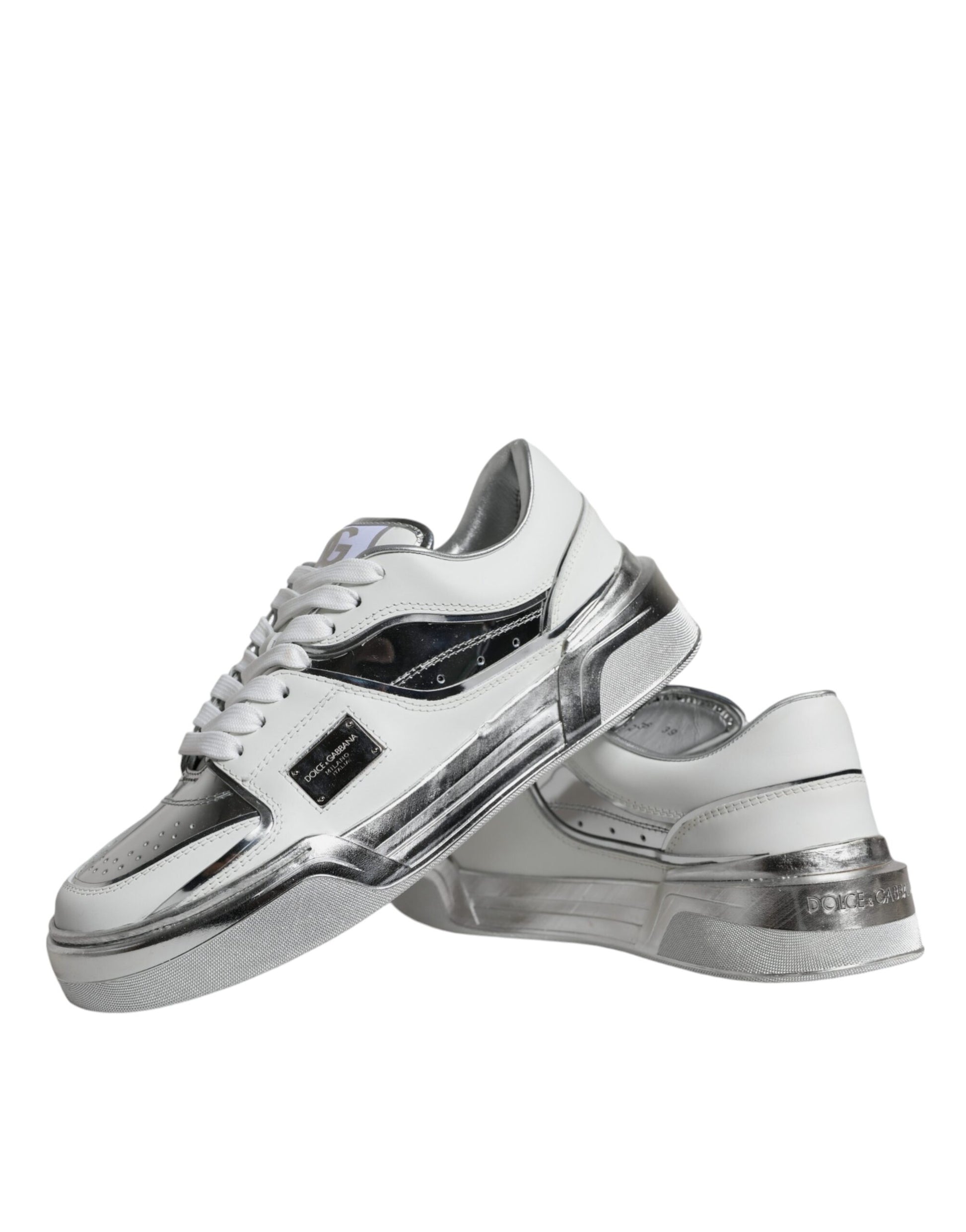 Dolce & Gabbana White Silver Leather Low Top Sneakers Shoes Curated Luxury Accessories by Orvyn