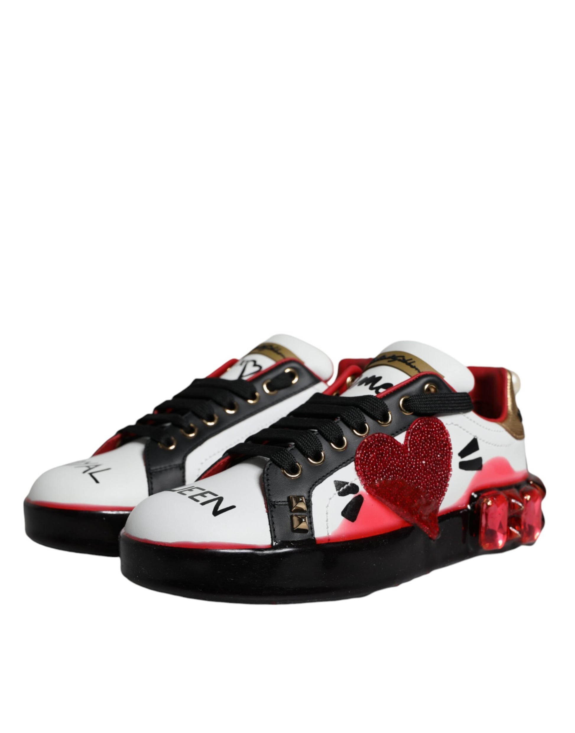 Dolce & Gabbana White Red Crystals Leather Portofino Sneakers Shoes Curated Luxury Accessories by Orvyn