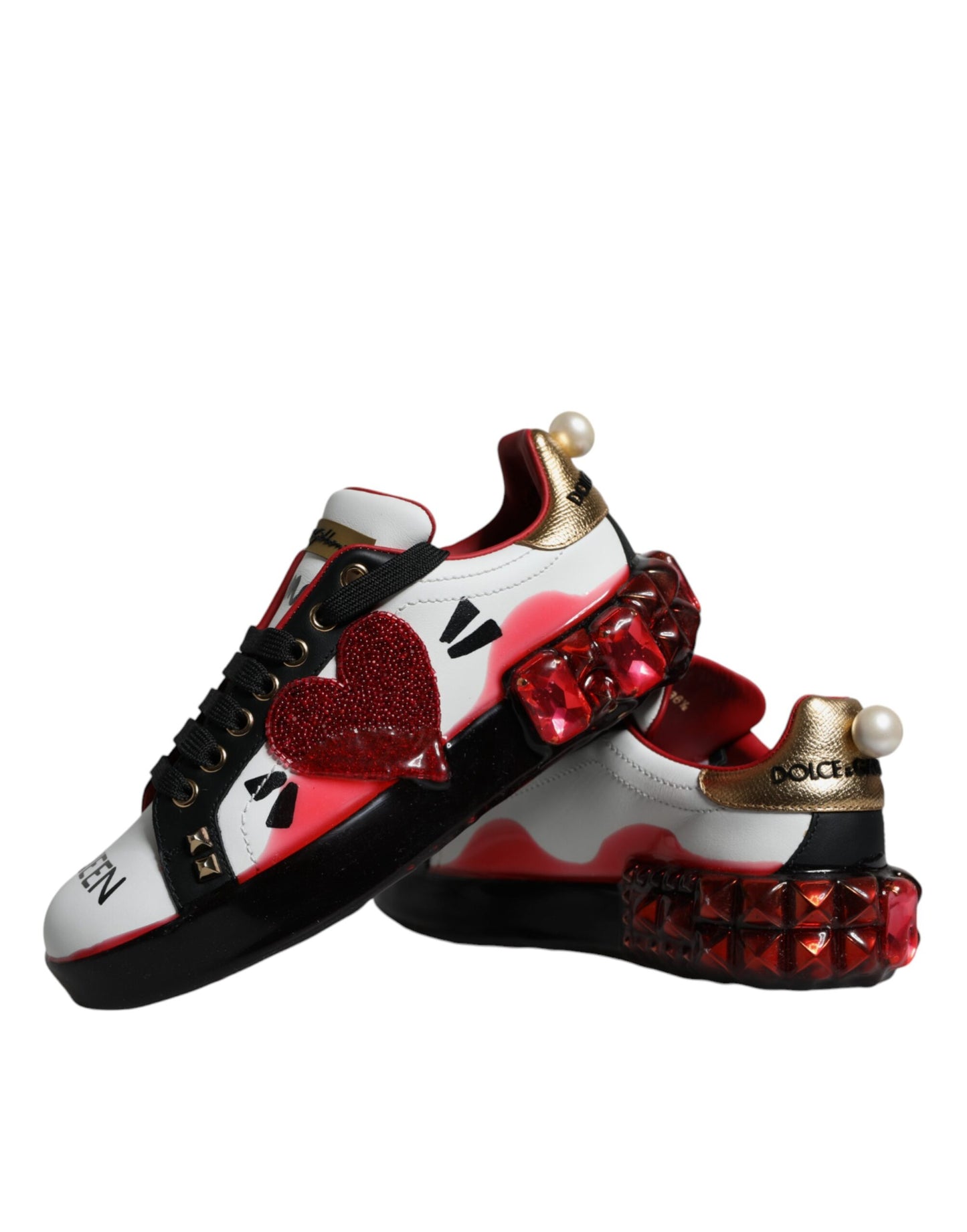 Dolce & Gabbana White Red Crystals Leather Portofino Sneakers Shoes Curated Luxury Accessories by Orvyn