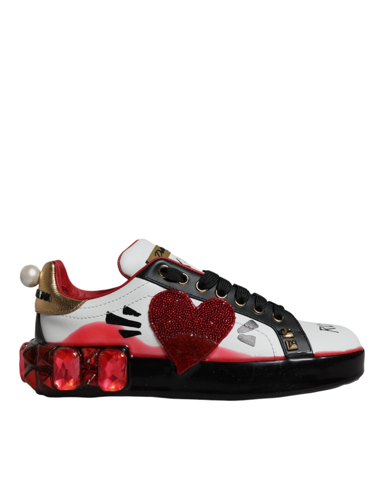 Dolce & Gabbana White Red Crystals Leather Portofino Sneakers Shoes Curated Luxury Accessories by Orvyn