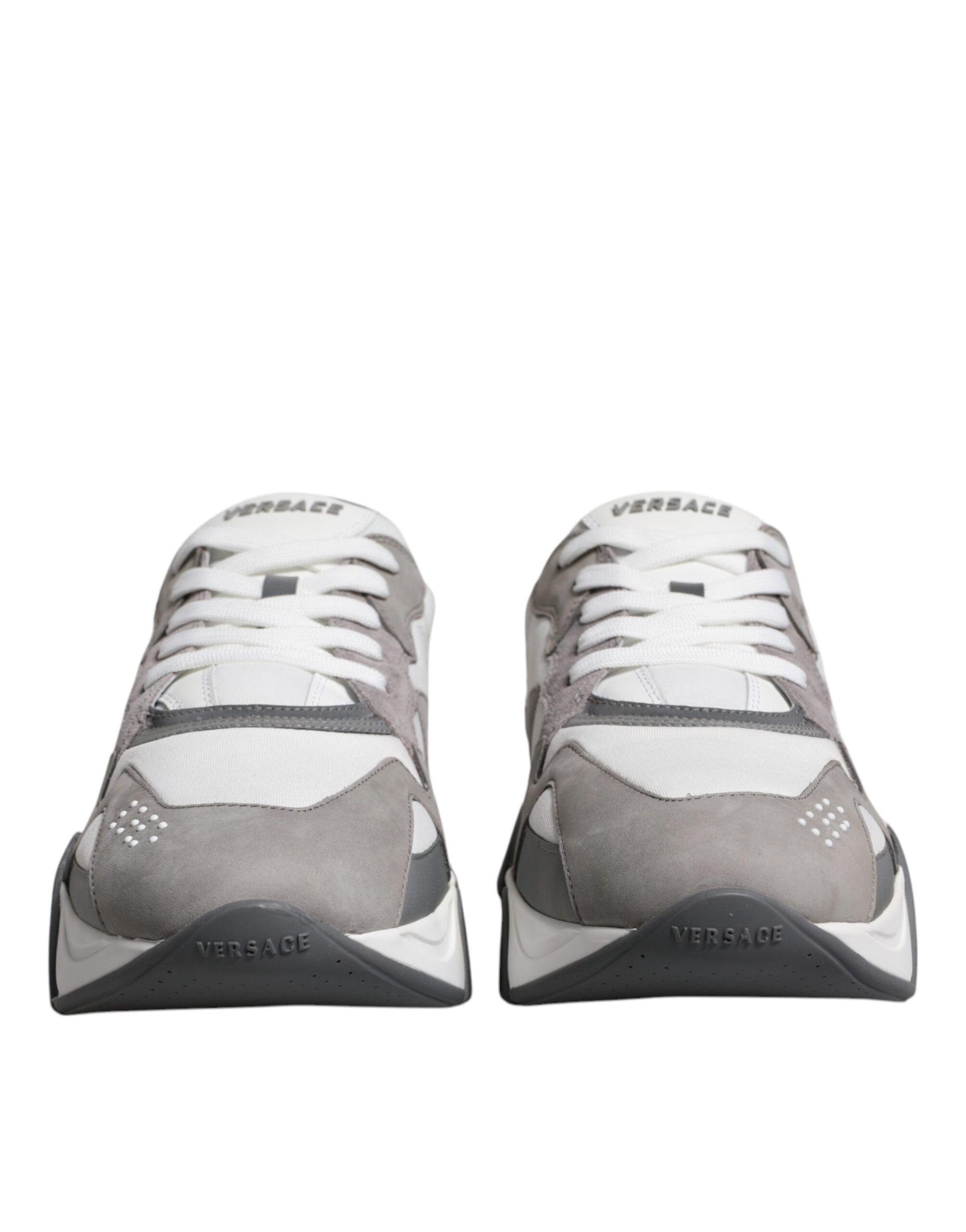 Versace Grey Leather Neoprene Chunky Low Top Squalo Sneakers Shoes Curated Luxury Accessories by Orvyn