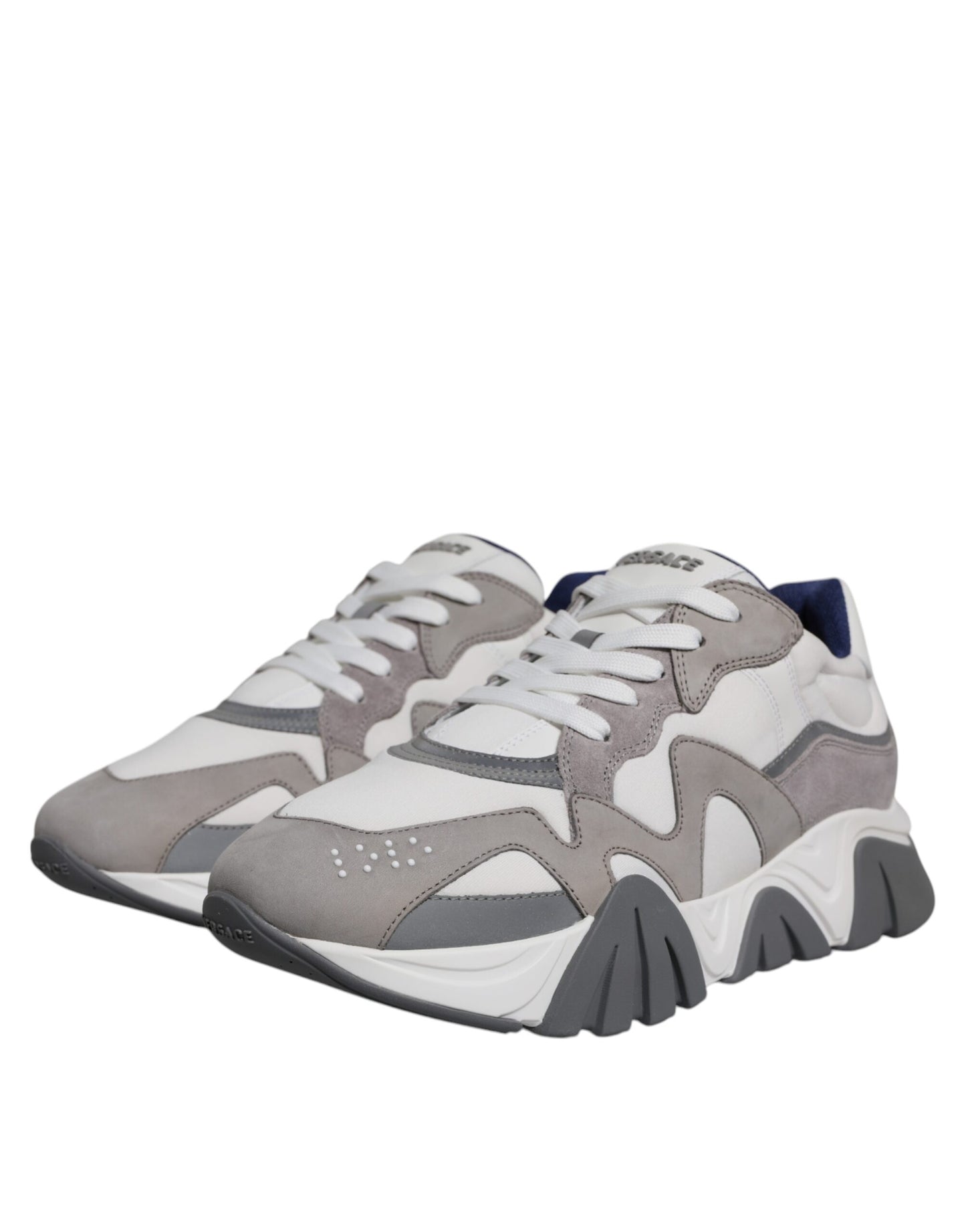 Versace Grey Leather Neoprene Chunky Low Top Squalo Sneakers Shoes Curated Luxury Accessories by Orvyn