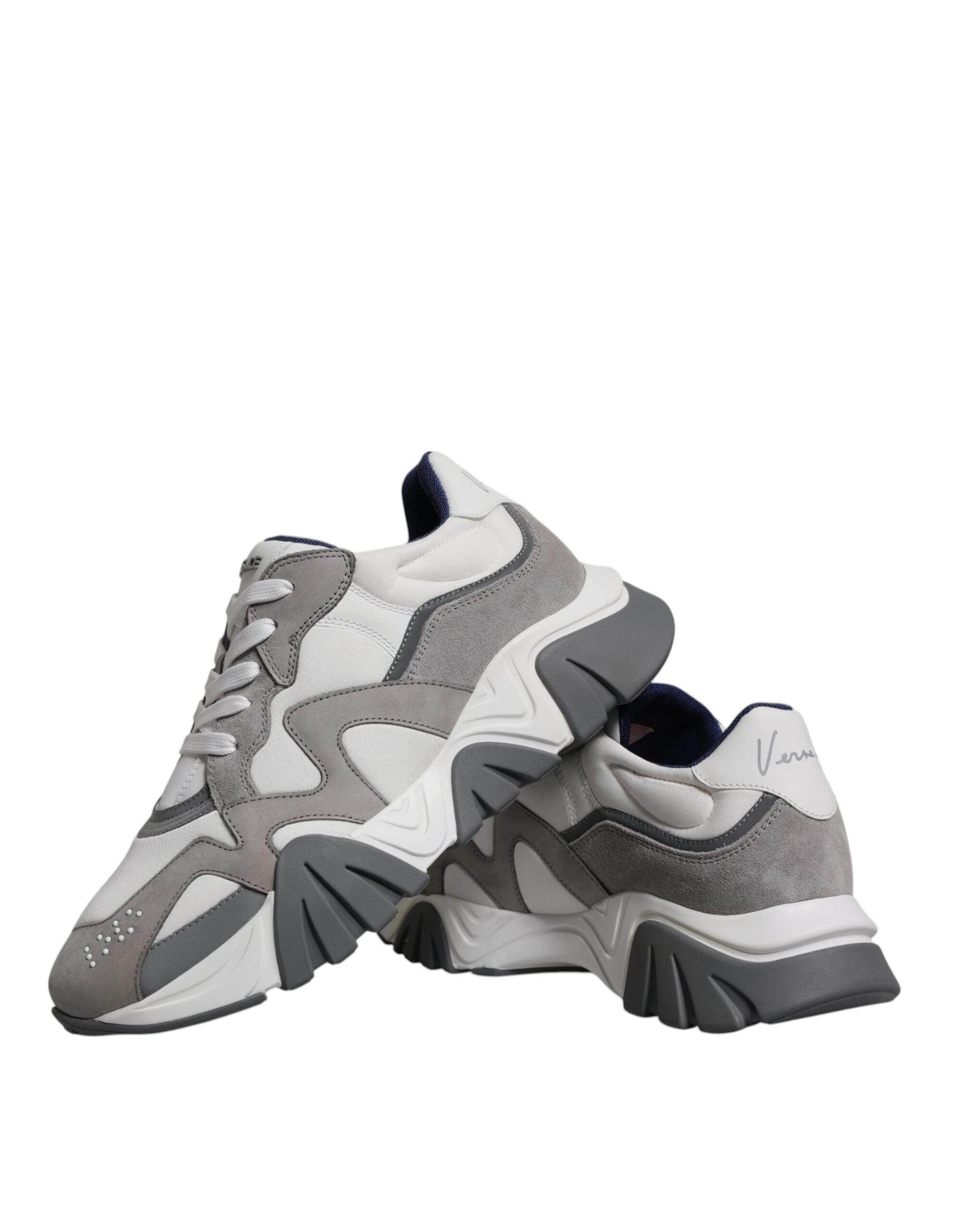 Versace Grey Leather Neoprene Chunky Low Top Squalo Sneakers Shoes Curated Luxury Accessories by Orvyn