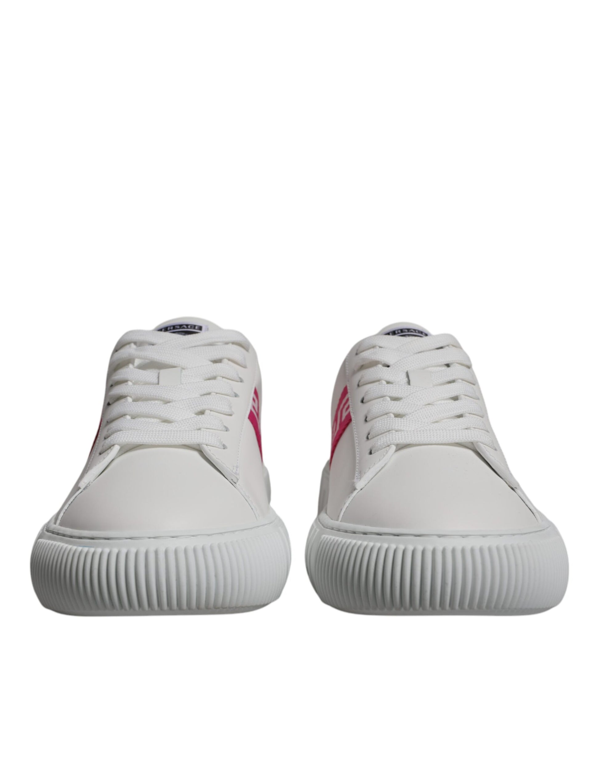 Versace White Pink Greca Print Platform Low Top Sneakers Shoes Curated Luxury Accessories by Orvyn