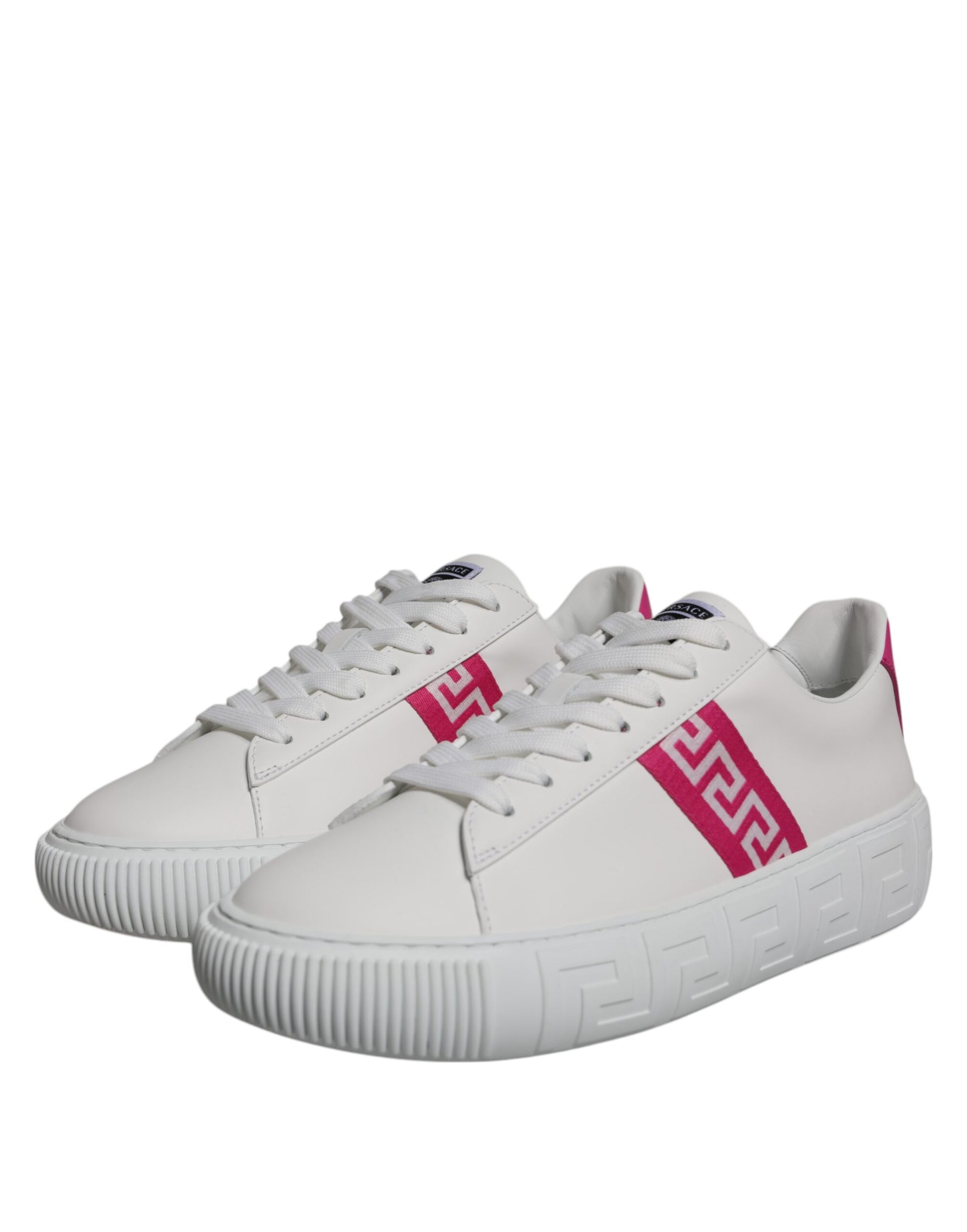Versace White Pink Greca Print Platform Low Top Sneakers Shoes Curated Luxury Accessories by Orvyn