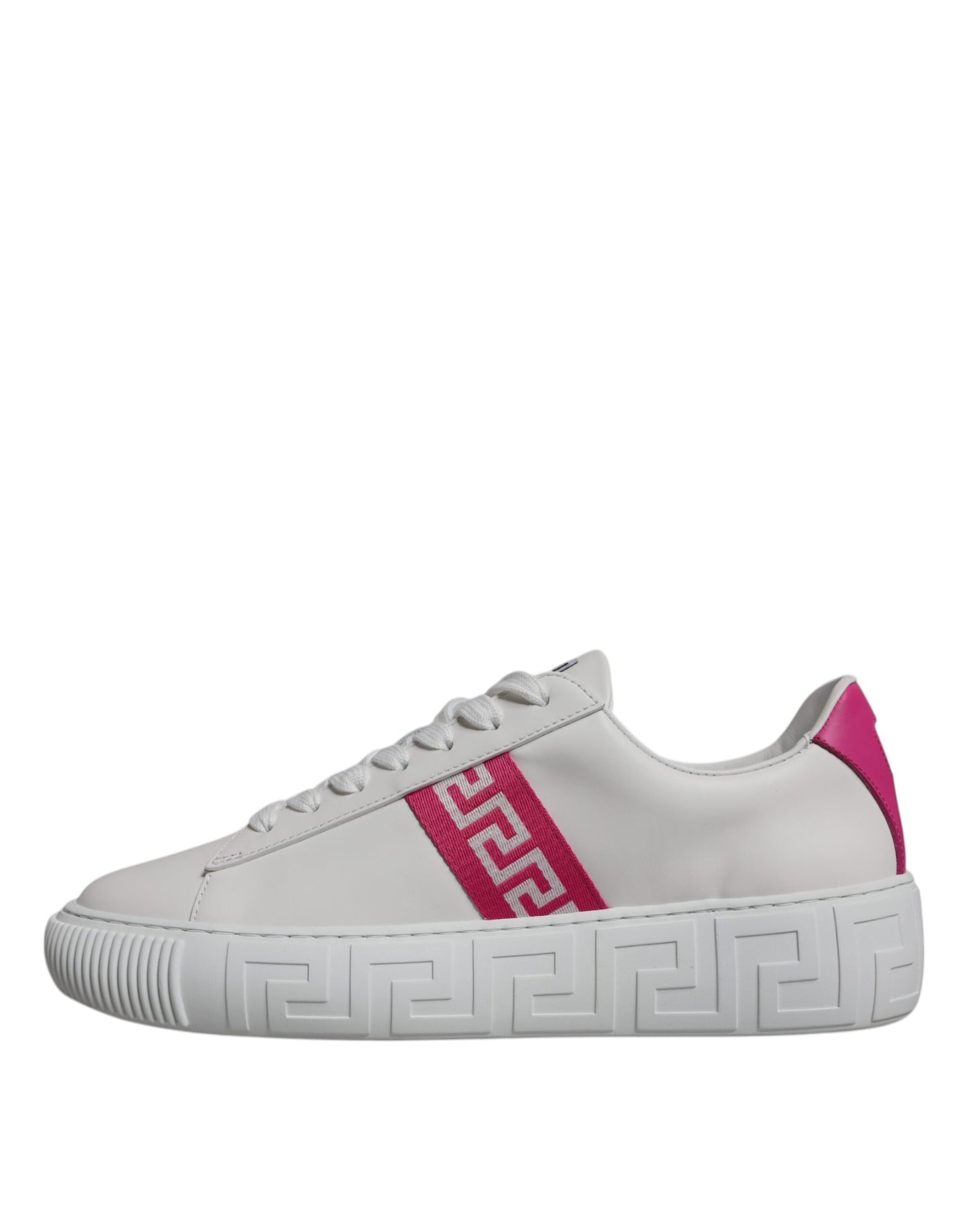 Versace White Pink Greca Print Platform Low Top Sneakers Shoes Curated Luxury Accessories by Orvyn