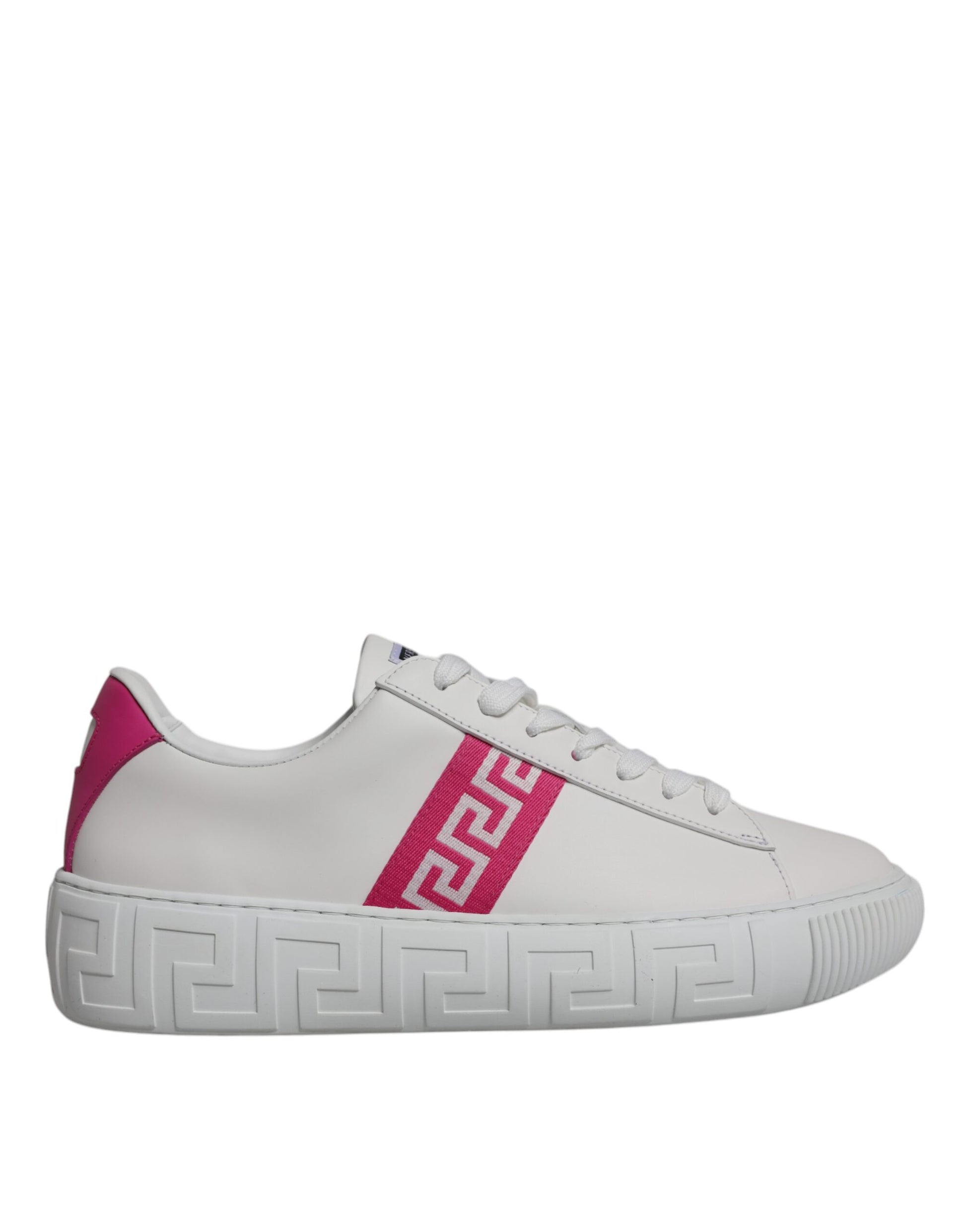 Versace White Pink Greca Print Platform Low Top Sneakers Shoes Curated Luxury Accessories by Orvyn